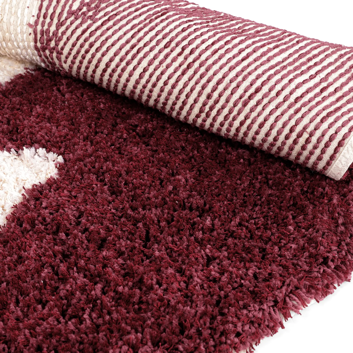 Rond vloerkleed - Begur Natural Cotton Shaggy (off-white/bordeaux)