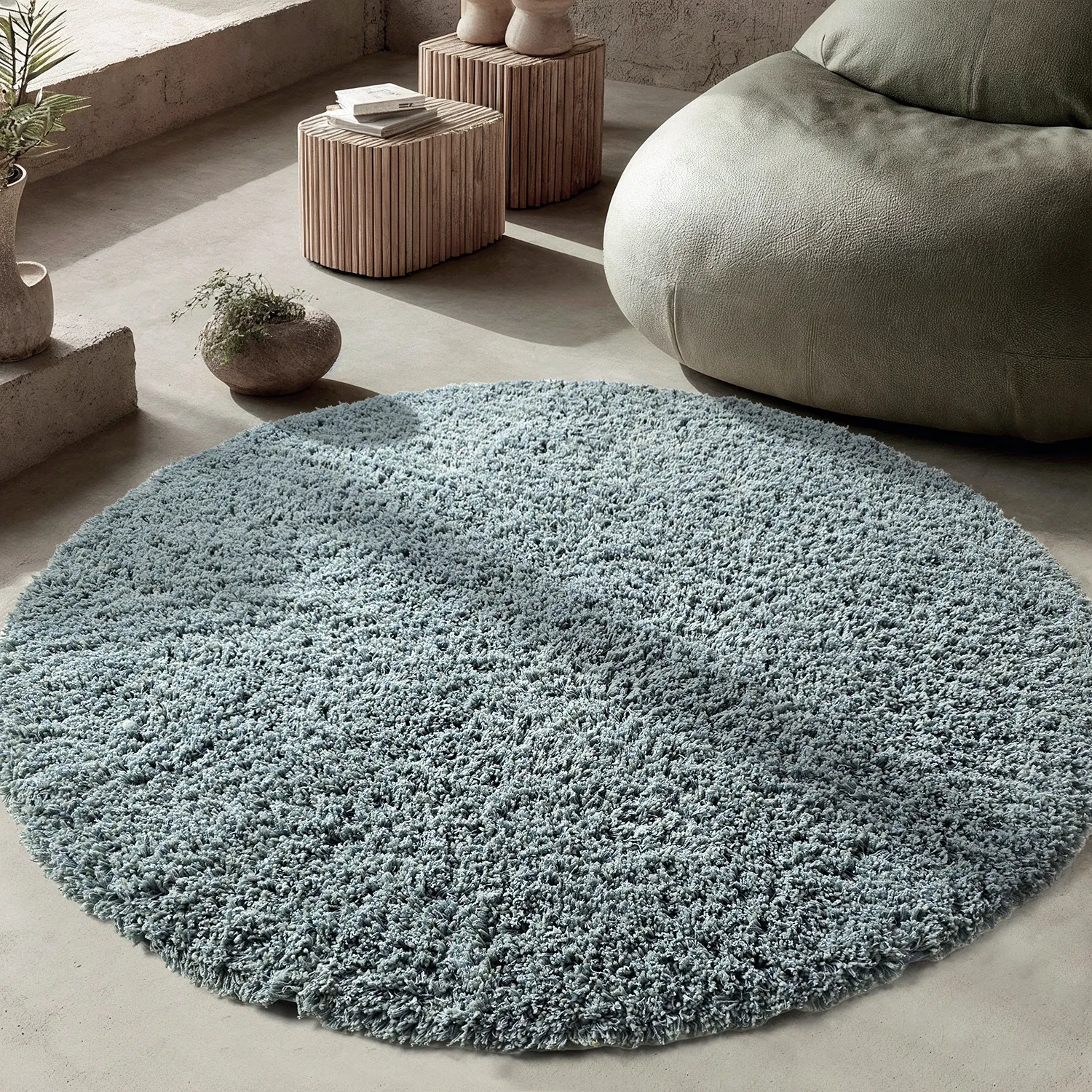 Rond vloerkleed - Combarro Solid Cotton Shaggy (lichtblauw)