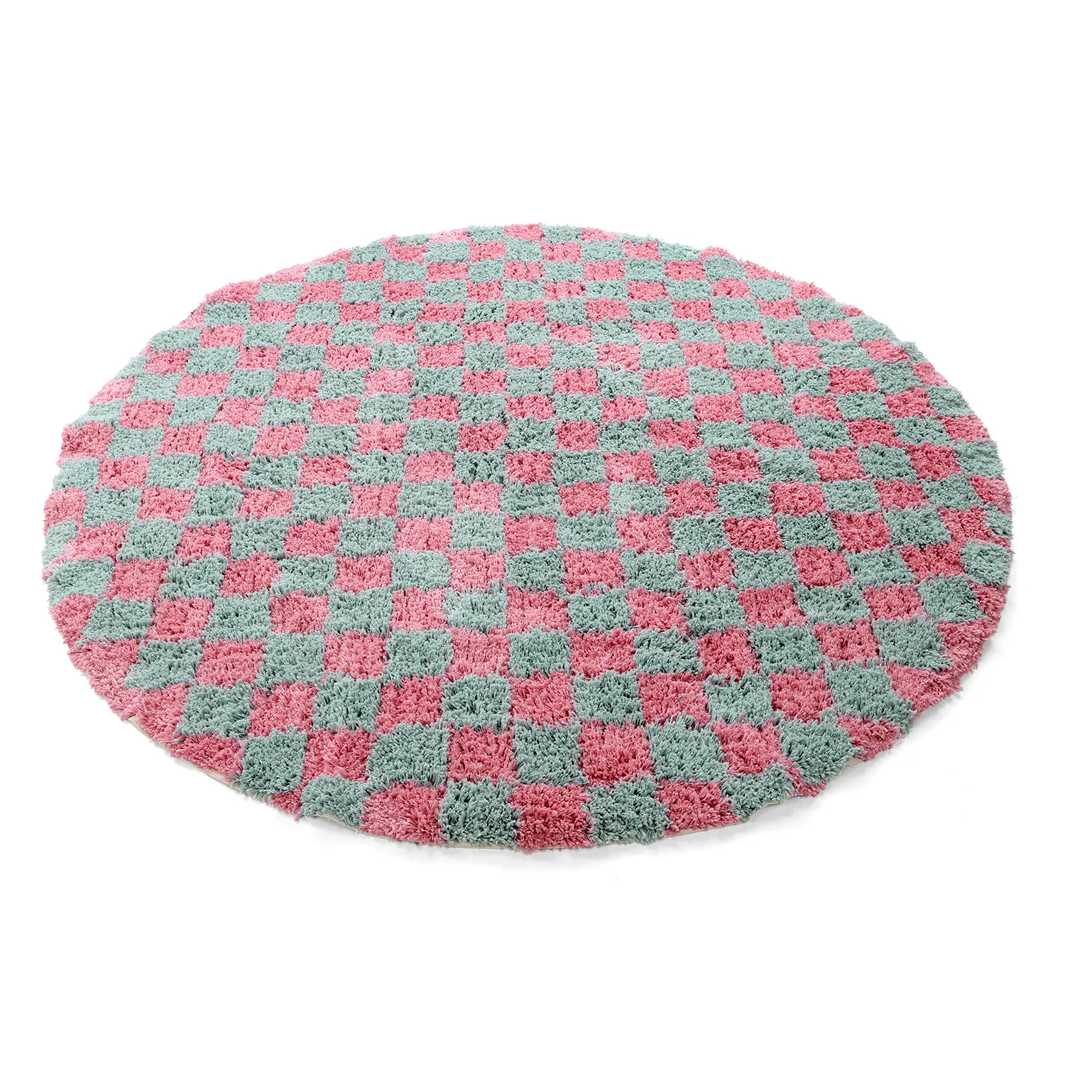 Rond vloerkleed - Methoni Check Cotton Shaggy (lichtblauw/lichtroze)