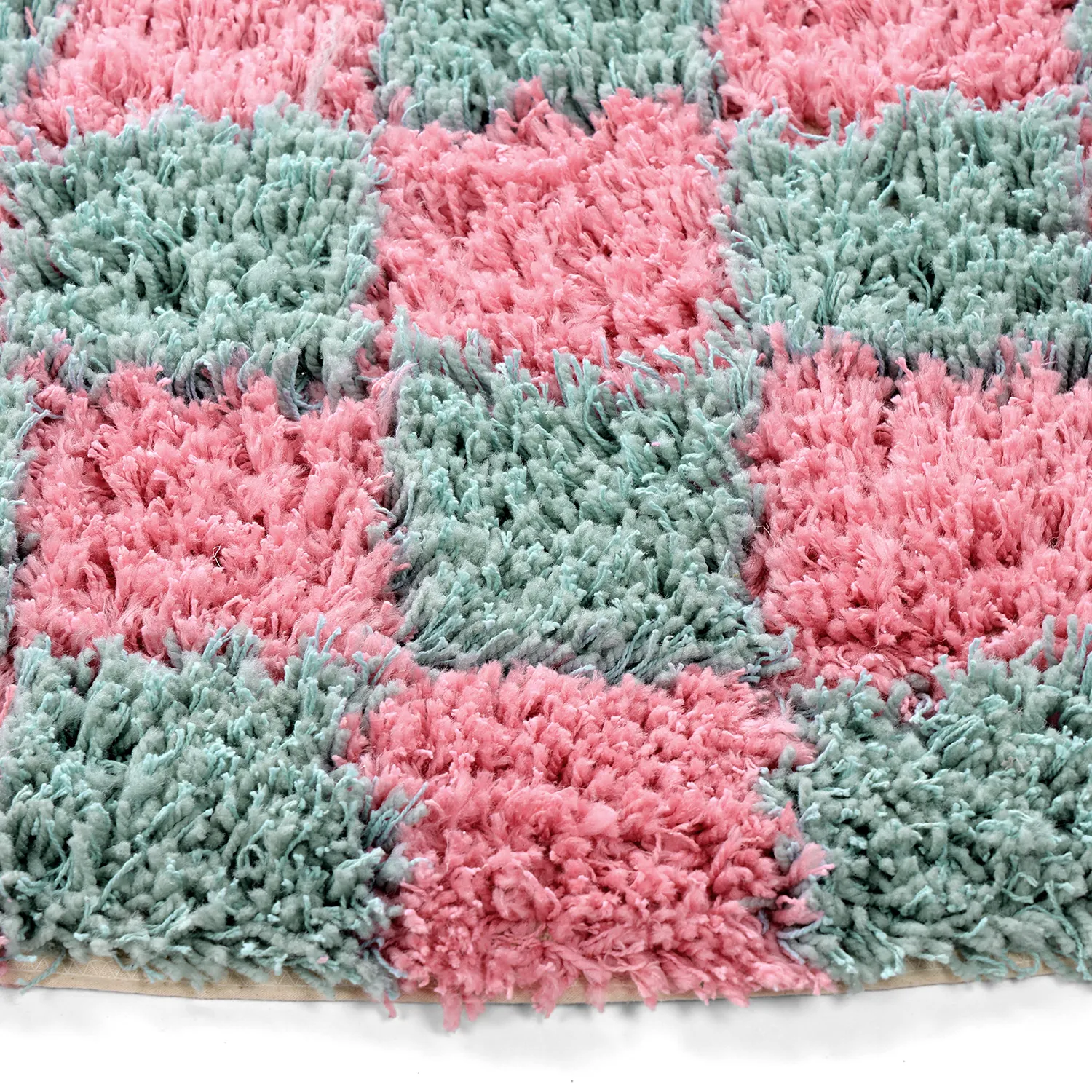 Rond vloerkleed - Methoni Check Cotton Shaggy (lichtblauw/lichtroze)