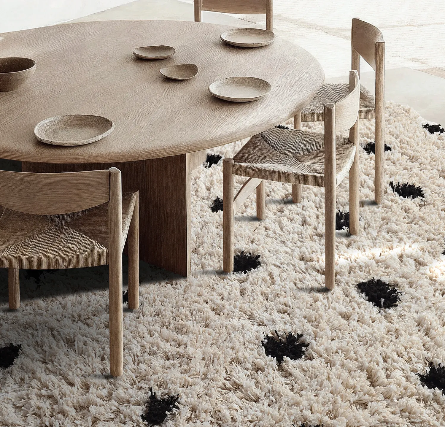 Rond vloerkleed - Soria Natural Cotton Shaggy (off-white/zwart)