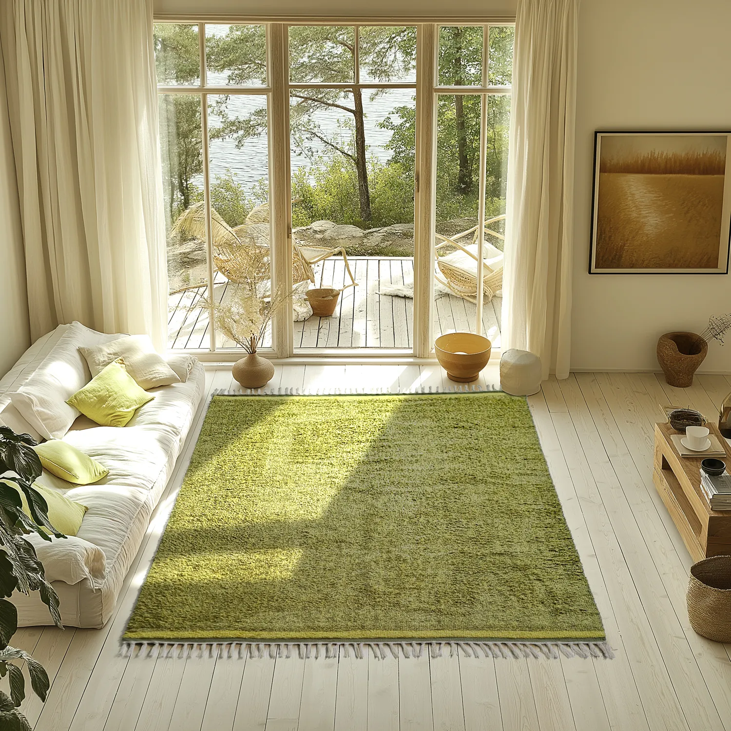 Hoogpolig vloerkleed - Celina Natural Cotton Shaggy (groen/geel)