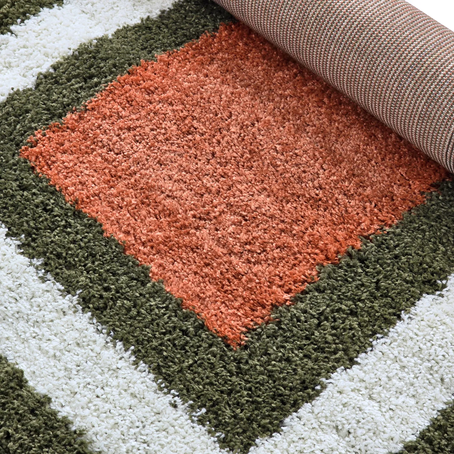 Hoogpolig vloerkleed - Alsace (groen/wit/oranje)