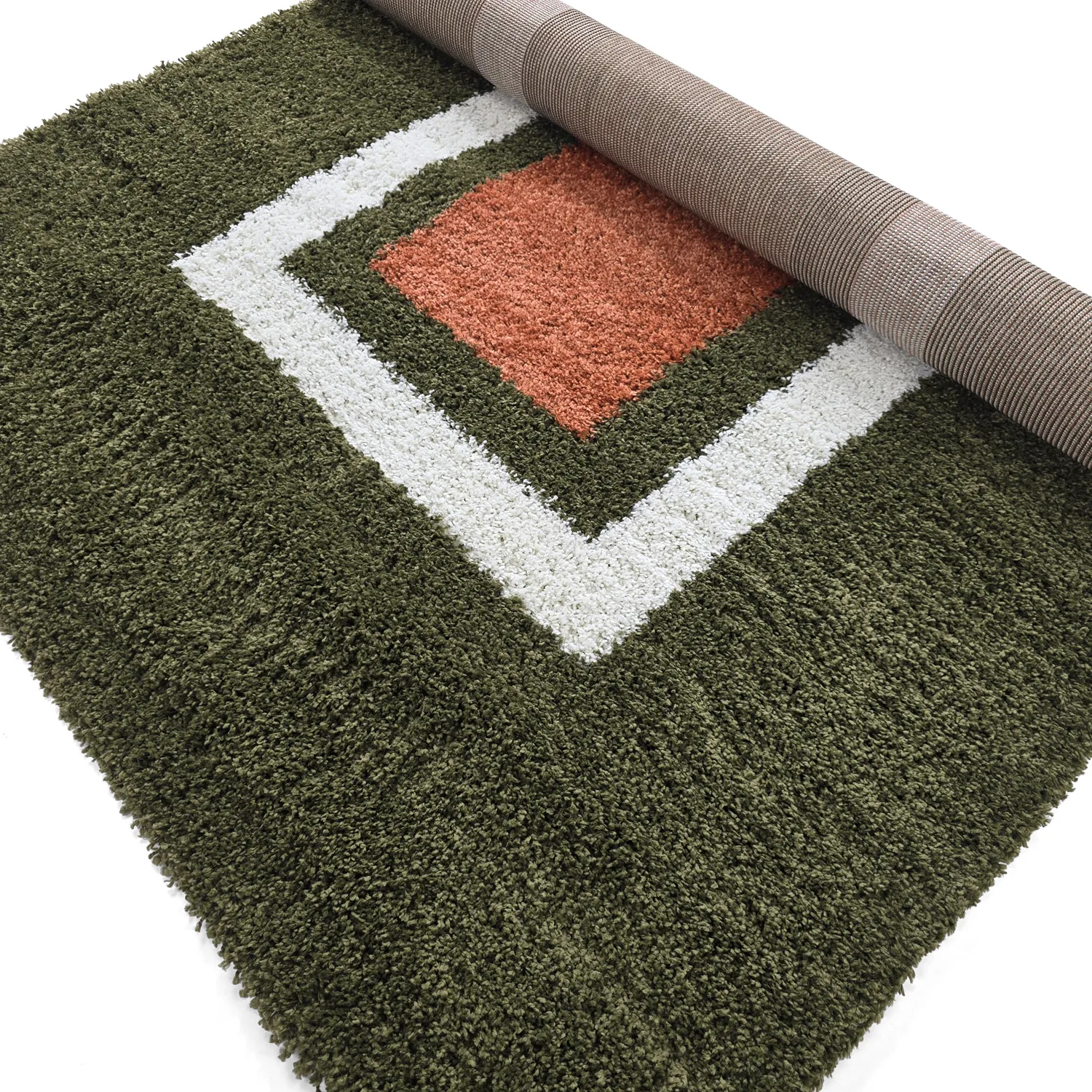 Hoogpolig vloerkleed - Alsace (groen/wit/oranje)