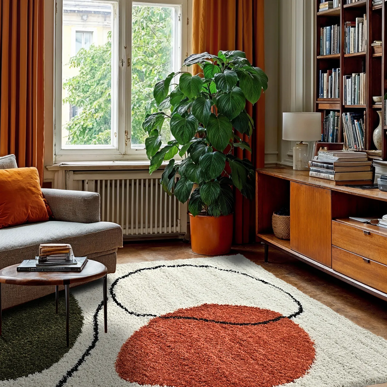 Hoogpolig vloerkleed - Sanghar (wit/oranje/groen)