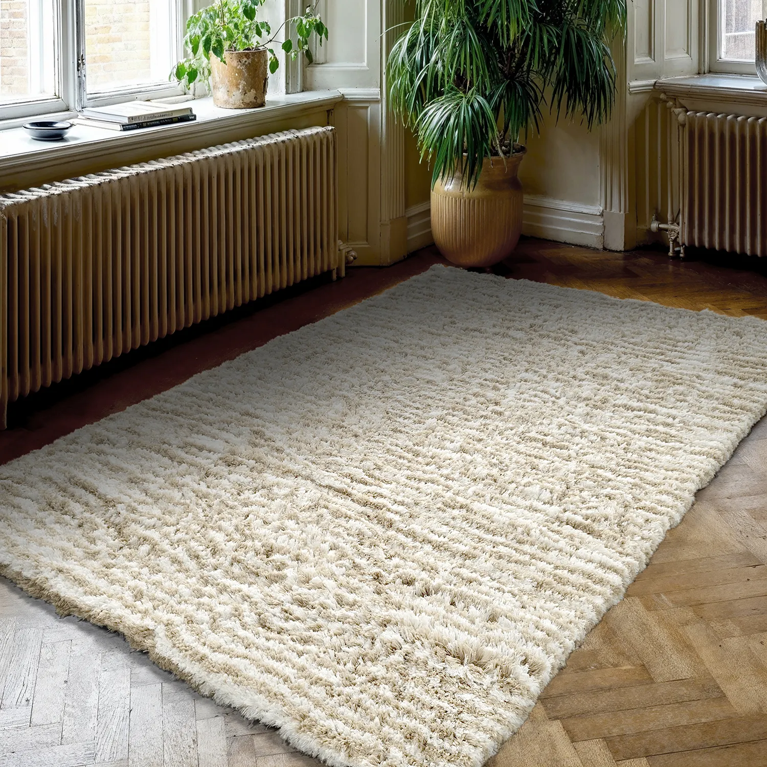 Hoogpolig vloerkleed - Aden (beige/wit)