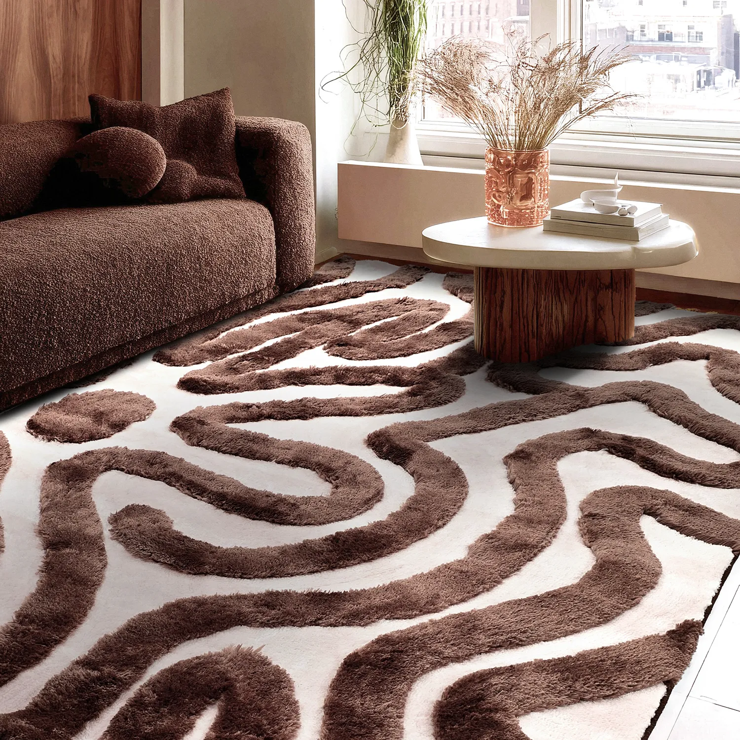 Hoogpolig vloerkleed - Akaba (bruin/lichtroze)