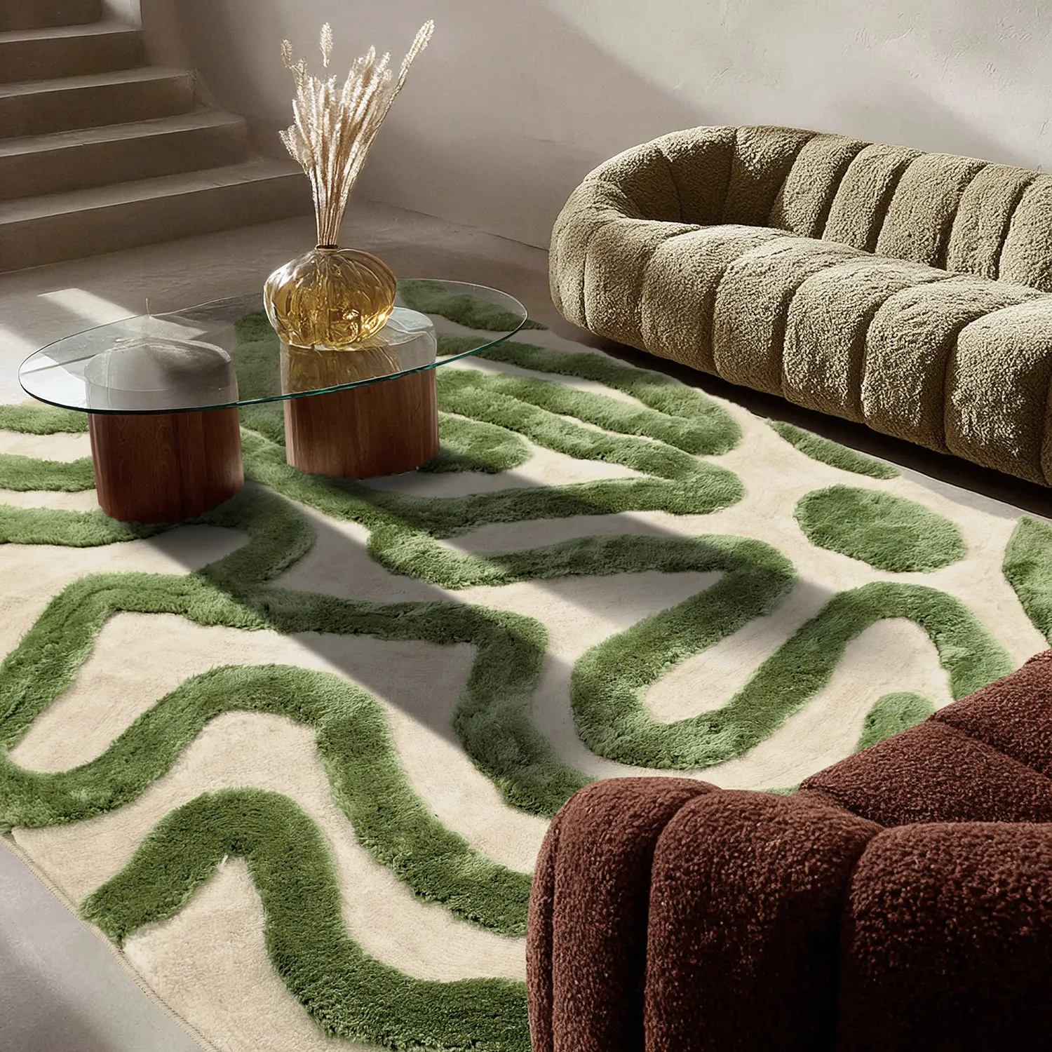 Hoogpolig vloerkleed - Akaba (crème/groente)