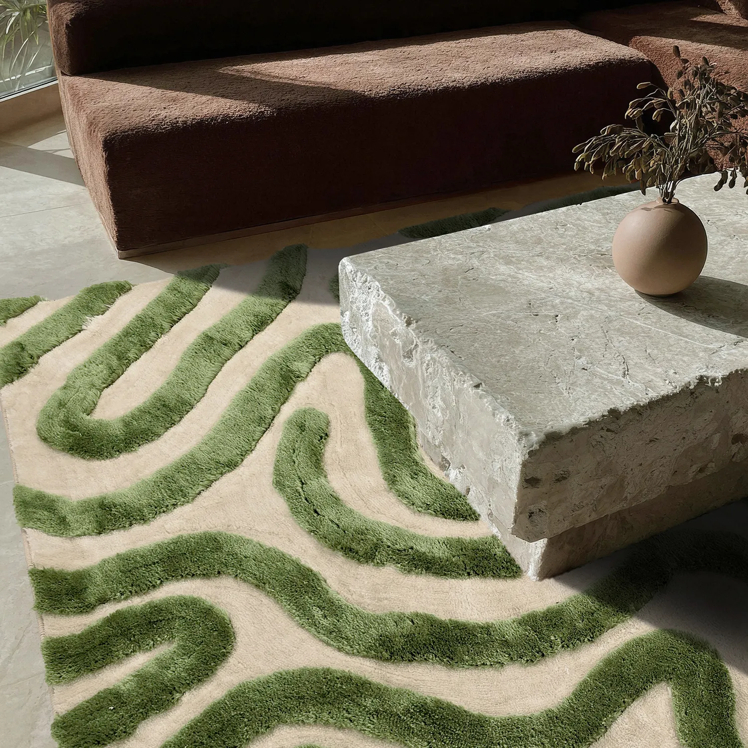 Hoogpolig vloerkleed - Akaba (crème/groente)