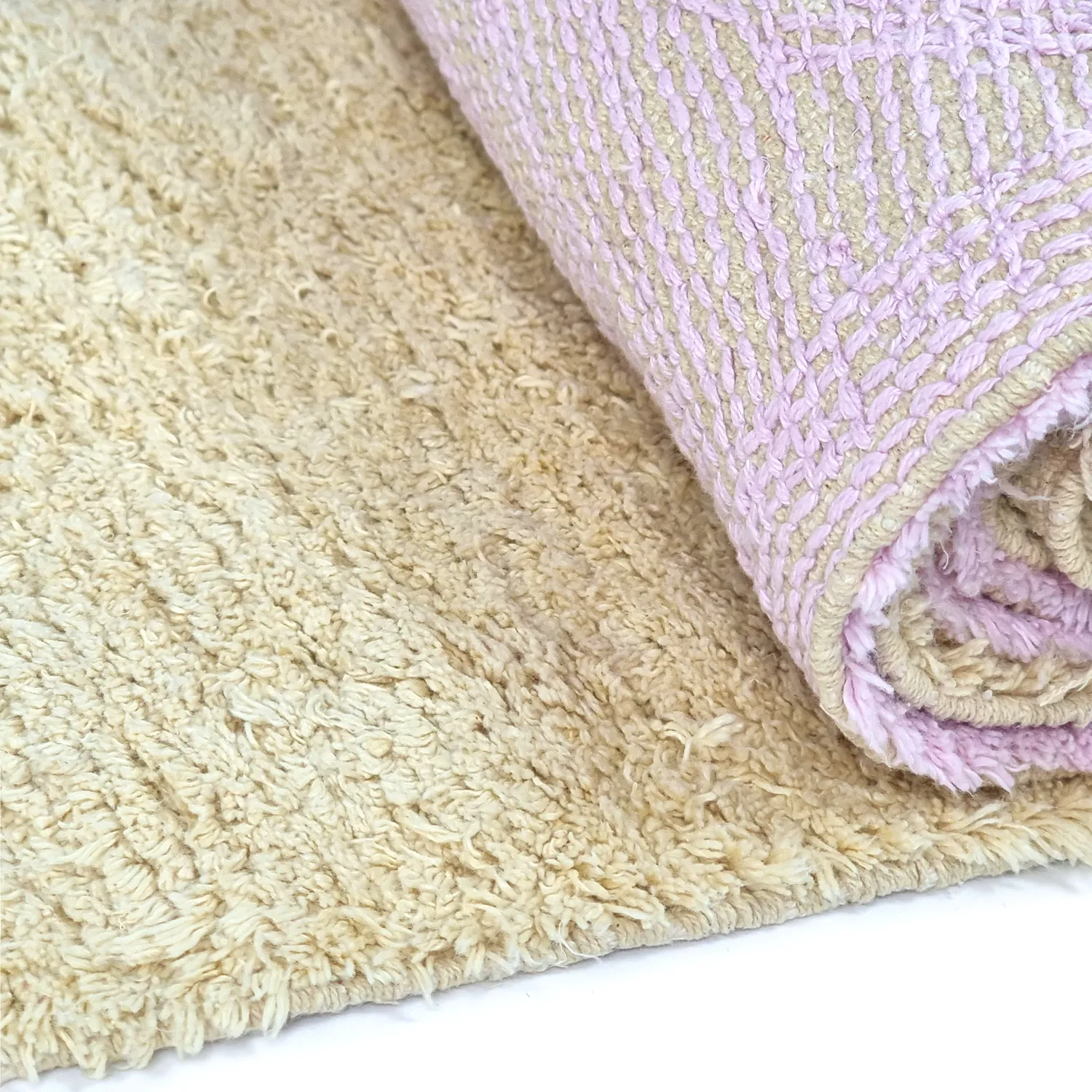 Hoogpolig vloerkleed - Amira Natural Cotton Shaggy (beige/paars)