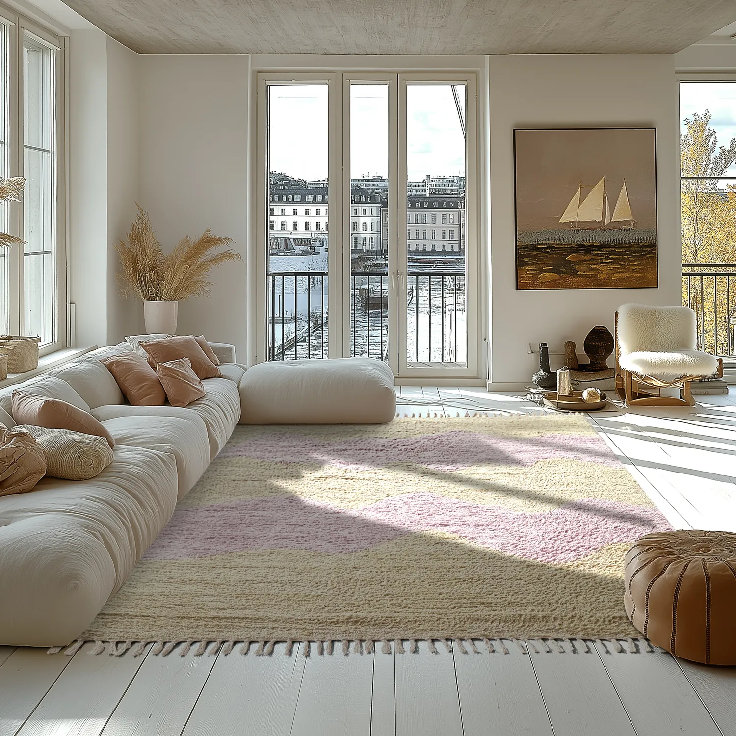 Hoogpolig vloerkleed - Amira Natural Cotton Shaggy (beige/paars)