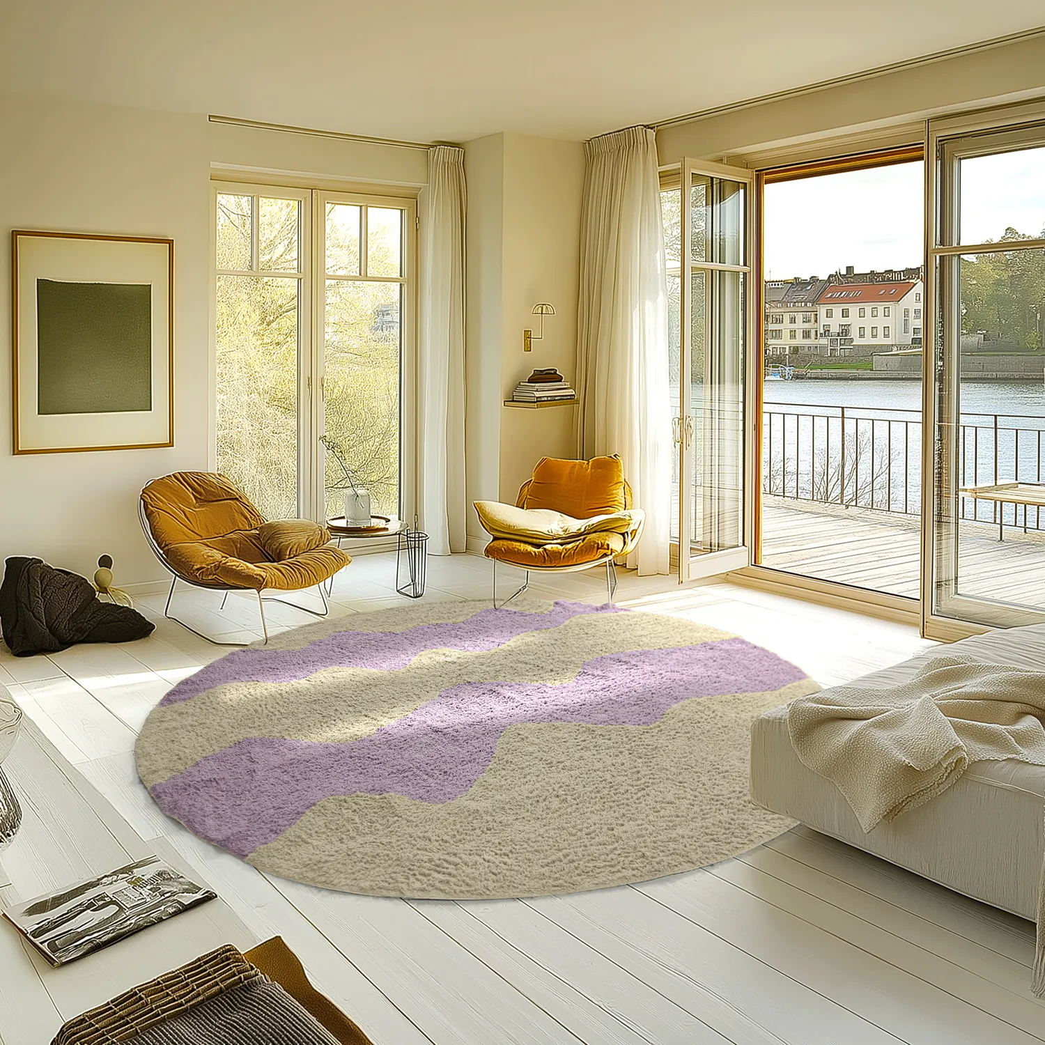 Rond vloerkleed - Amira Natural Cotton Shaggy (beige/paars)