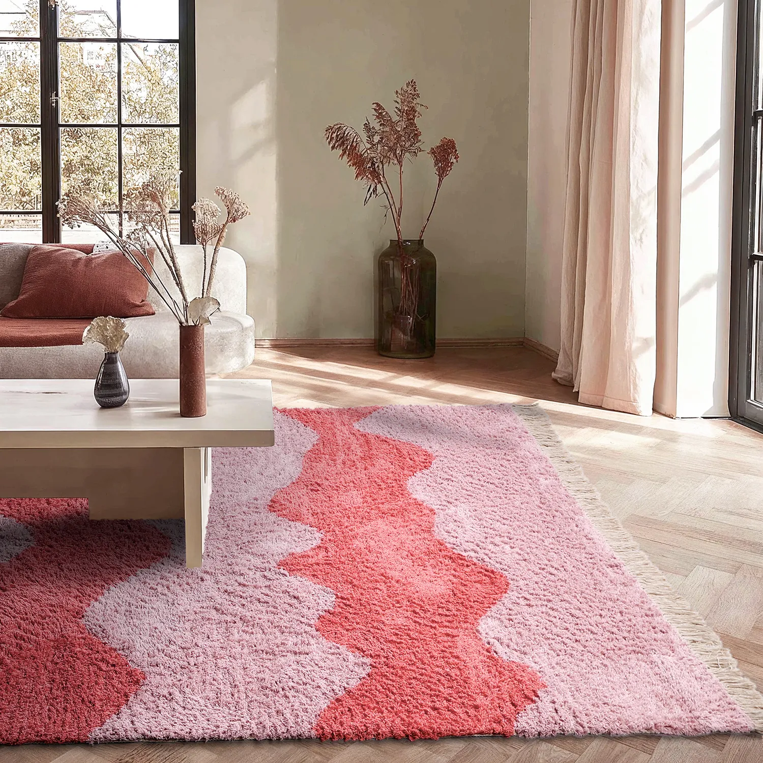 Hoogpolig vloerkleed - Amira Natural Cotton Shaggy (roze/oranje)