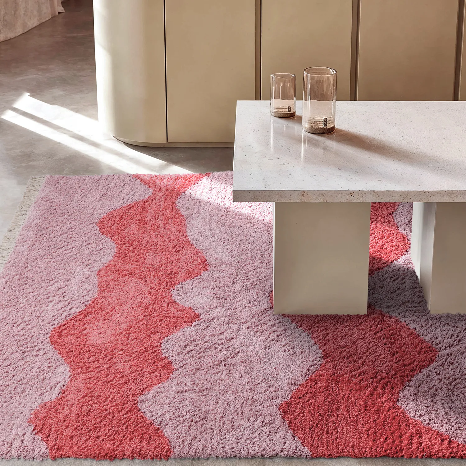 Hoogpolig vloerkleed - Amira Natural Cotton Shaggy (roze/oranje)