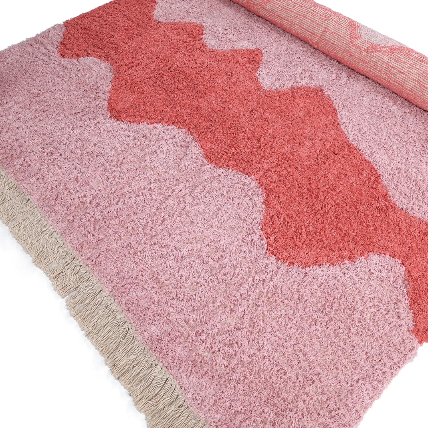 Hoogpolig vloerkleed - Amira Natural Cotton Shaggy (roze/oranje)