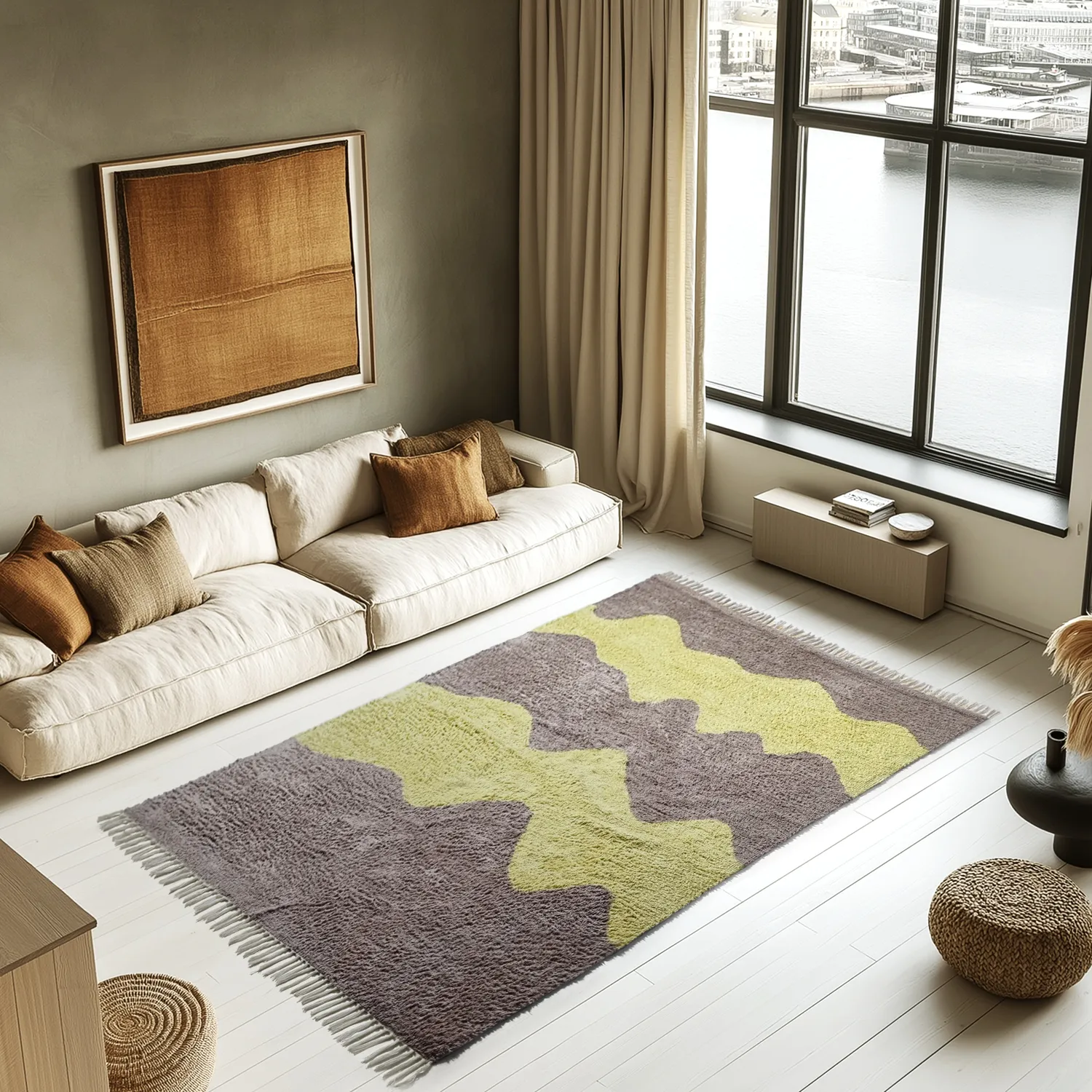 Hoogpolig vloerkleed - Amira Natural Cotton Shaggy (taupe/geel)