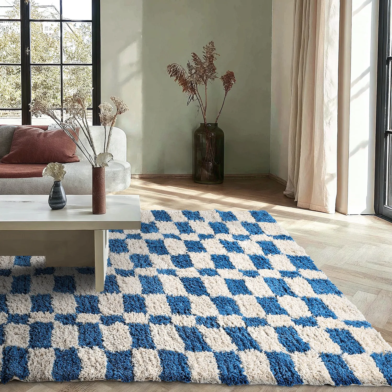 Hoogpolig vloerkleed - Atrani Natural Cotton Shaggy (blauw)