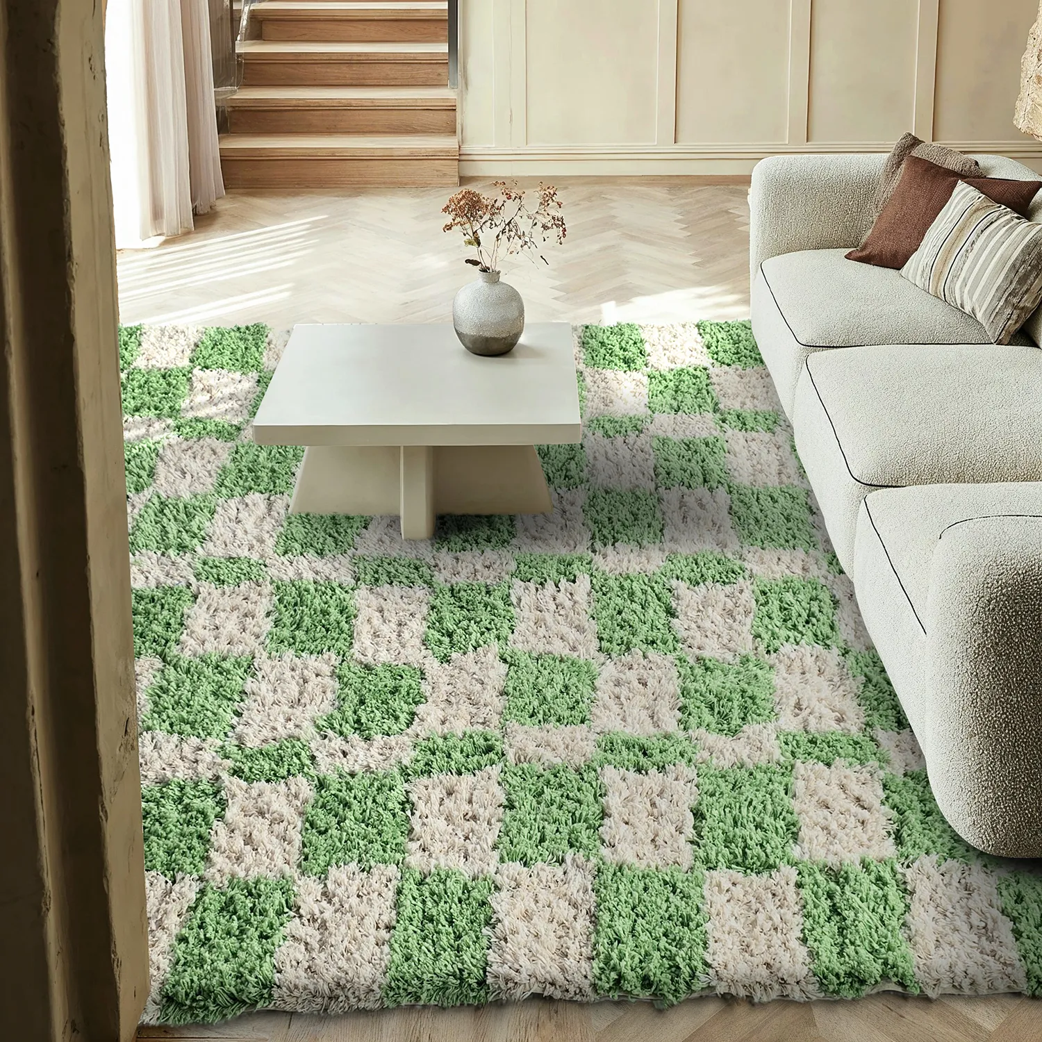 Hoogpolig vloerkleed - Atrani Natural Cotton Shaggy (groente)