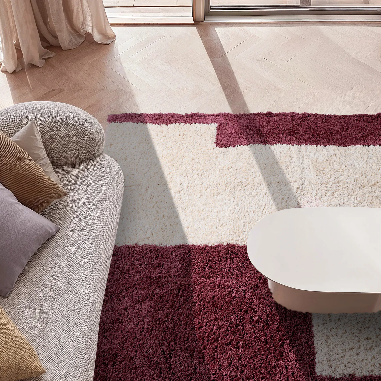 Hoogpolig vloerkleed - Begur Natural Cotton Shaggy (off-white/bordeaux)