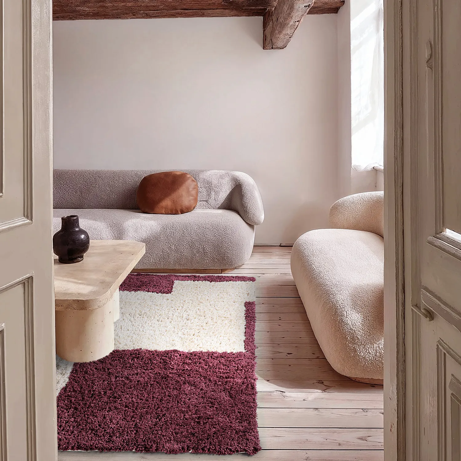 Hoogpolig vloerkleed - Begur Natural Cotton Shaggy (off-white/bordeaux)