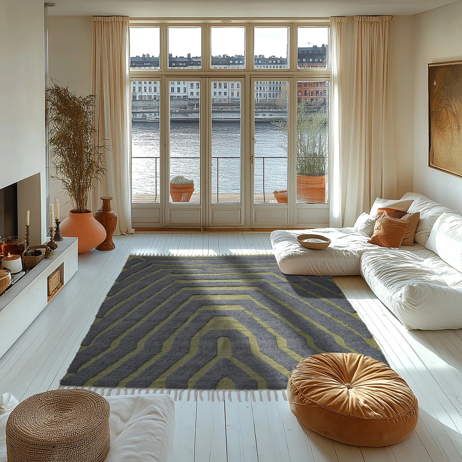 Hoogpolig vloerkleed - Callista Natural Cotton Shaggy (zwart/groen)