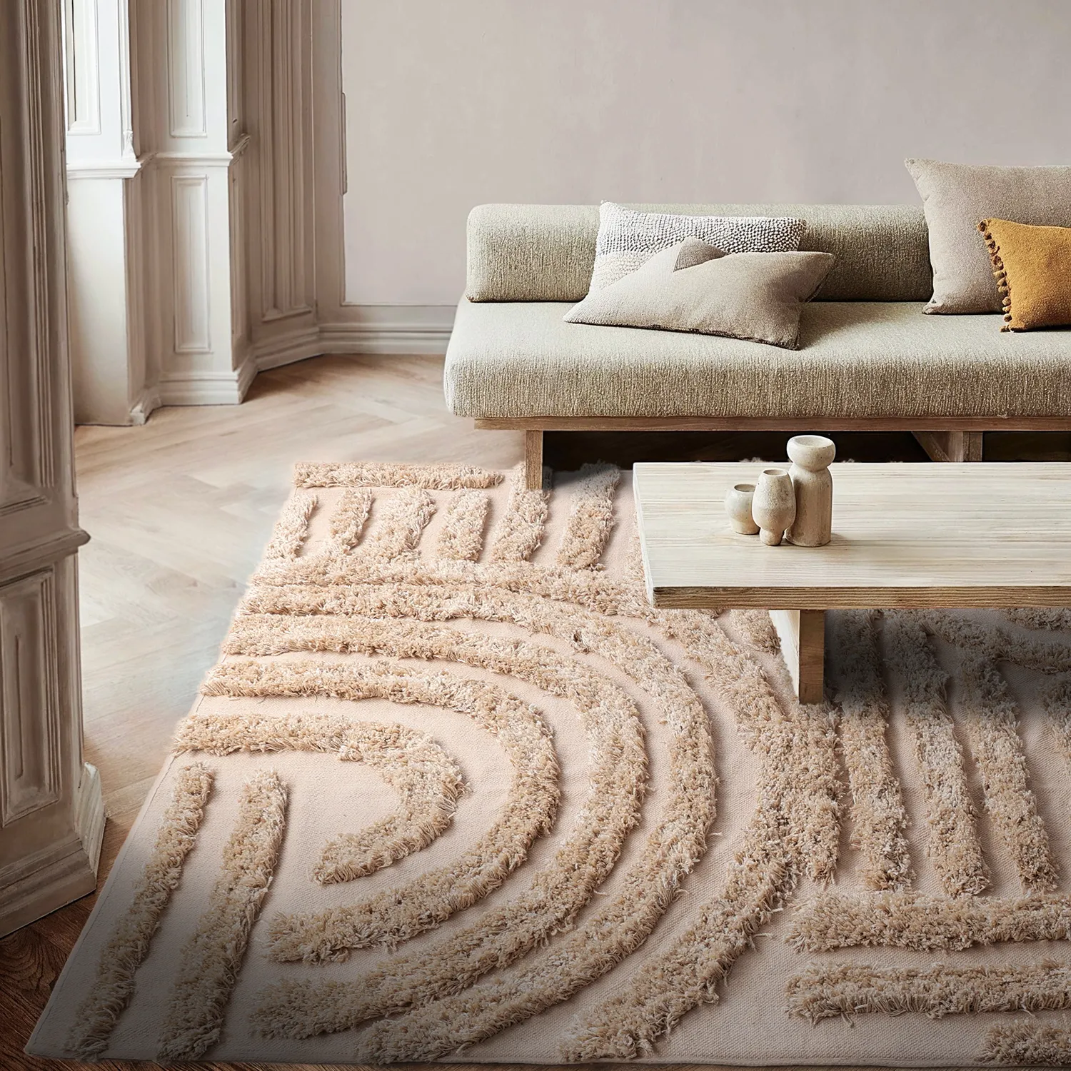 Hoogpolig vloerkleed - Cazorla Natural Cotton Shaggy (beige)