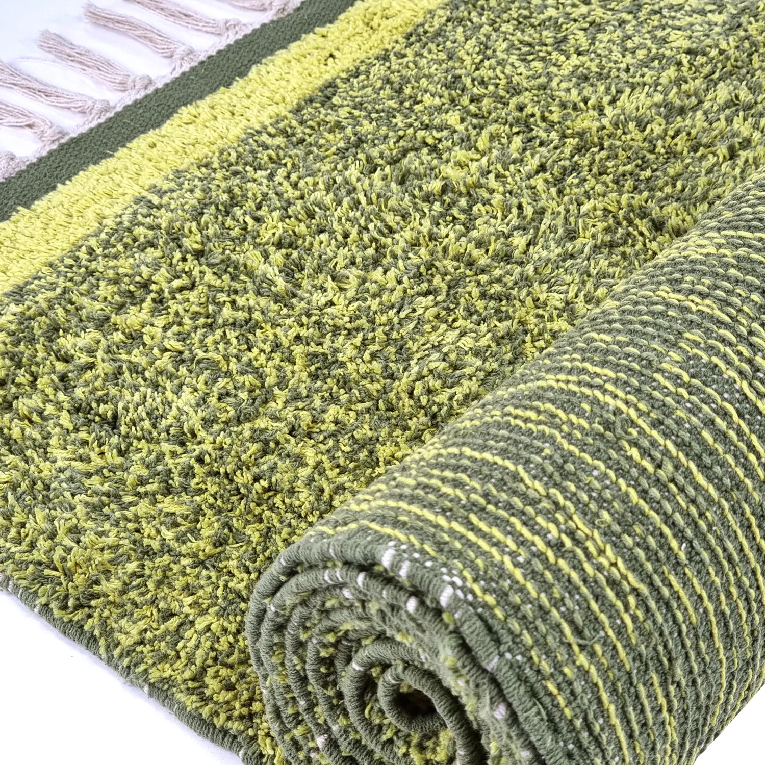 Hoogpolig vloerkleed - Celina Natural Cotton Shaggy (groen/geel)