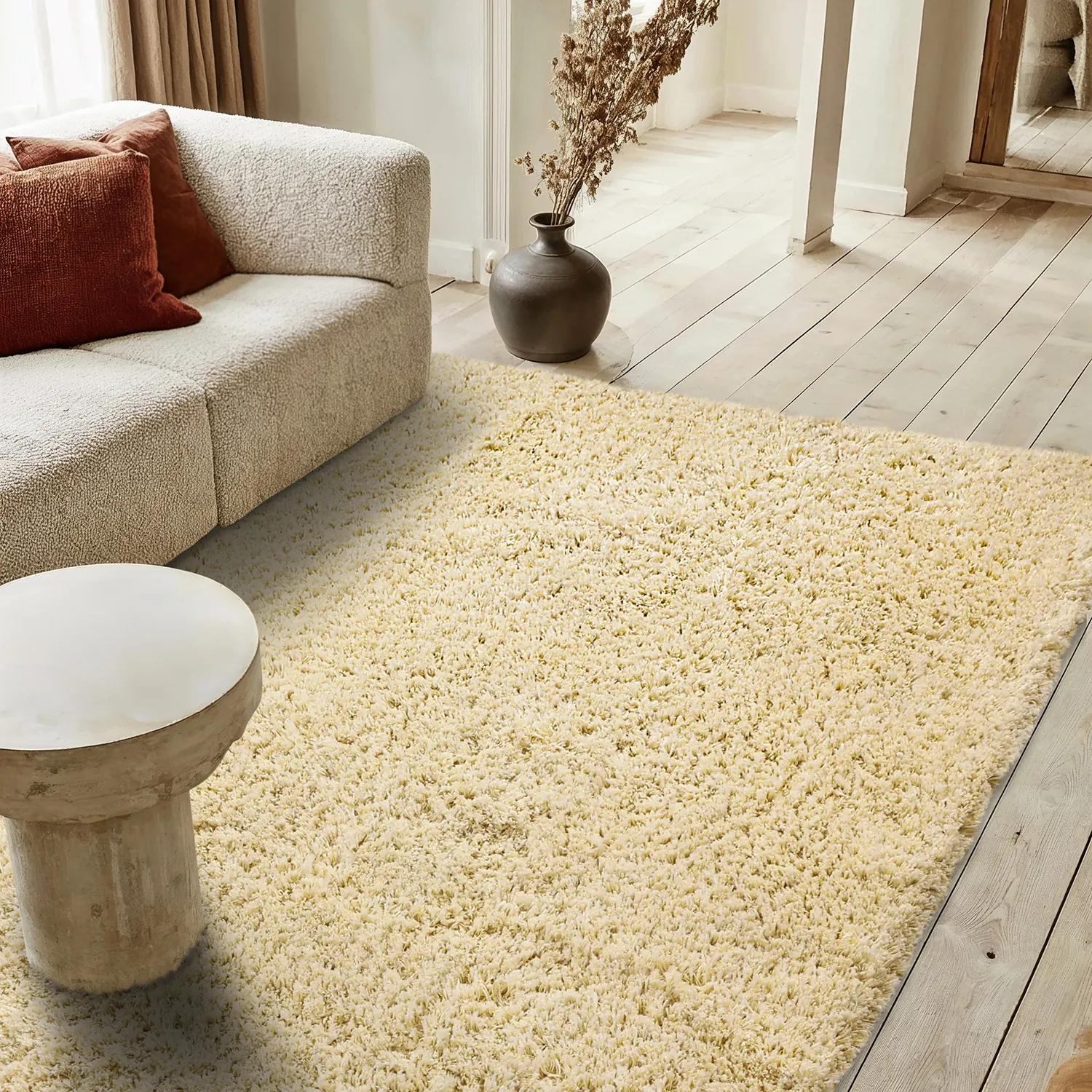 Hoogpolig vloerkleed - Combarro Solid Cotton Shaggy (lichtgeel)