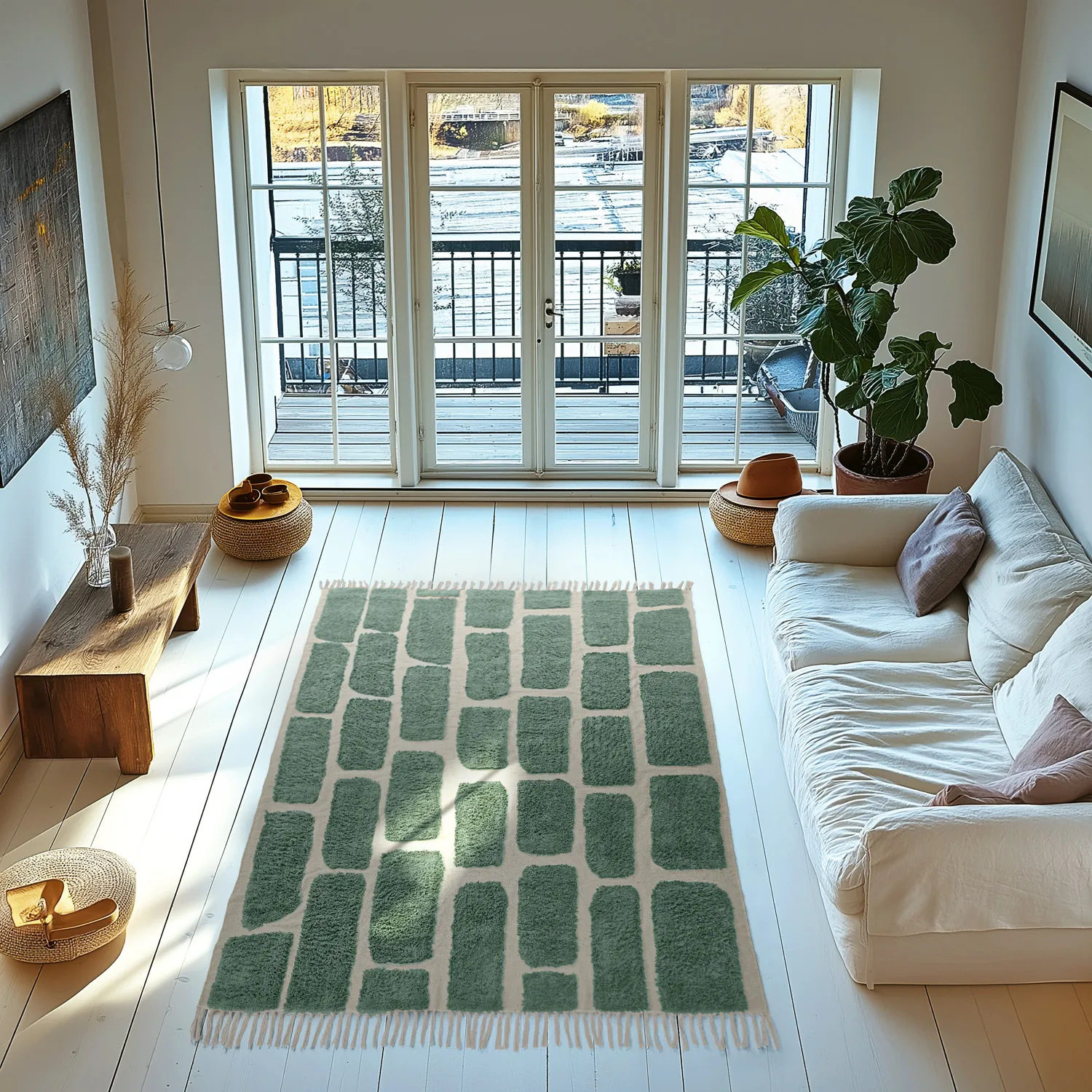 Hoogpolig vloerkleed - Cyrus Natural Cotton Shaggy (groente)