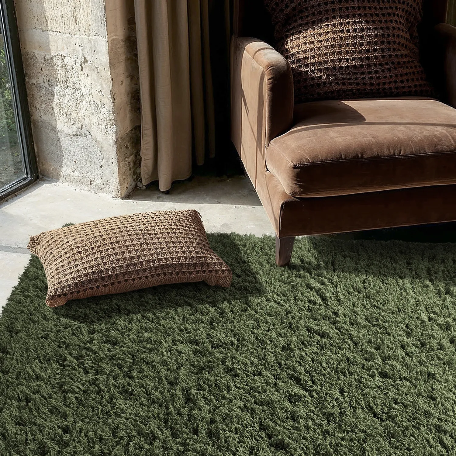 Hoogpolig vloerkleed - Fassale Hand Woven Wool Shaggy (mosgroen)