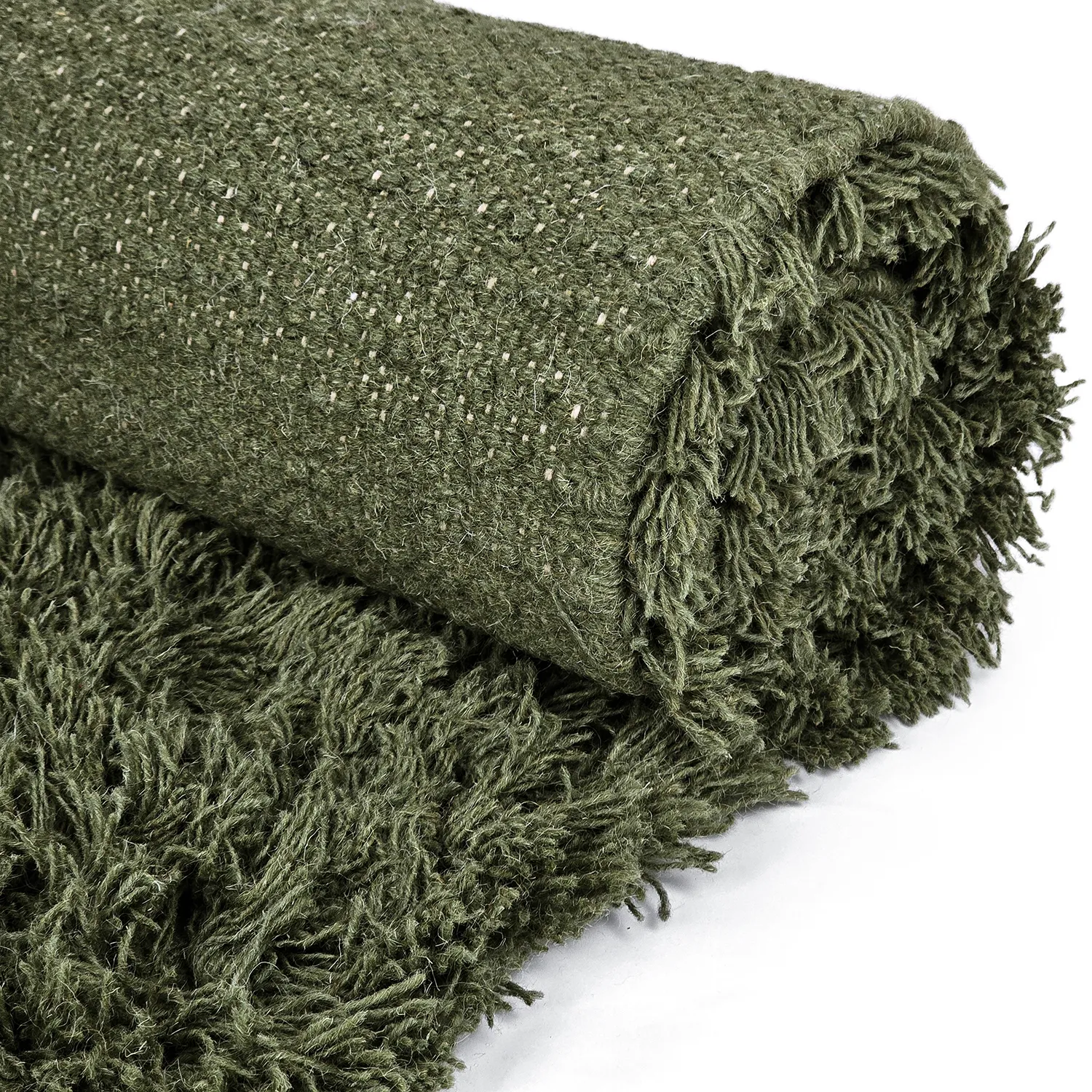 Hoogpolig vloerkleed - Fassale Hand Woven Wool Shaggy (mosgroen)