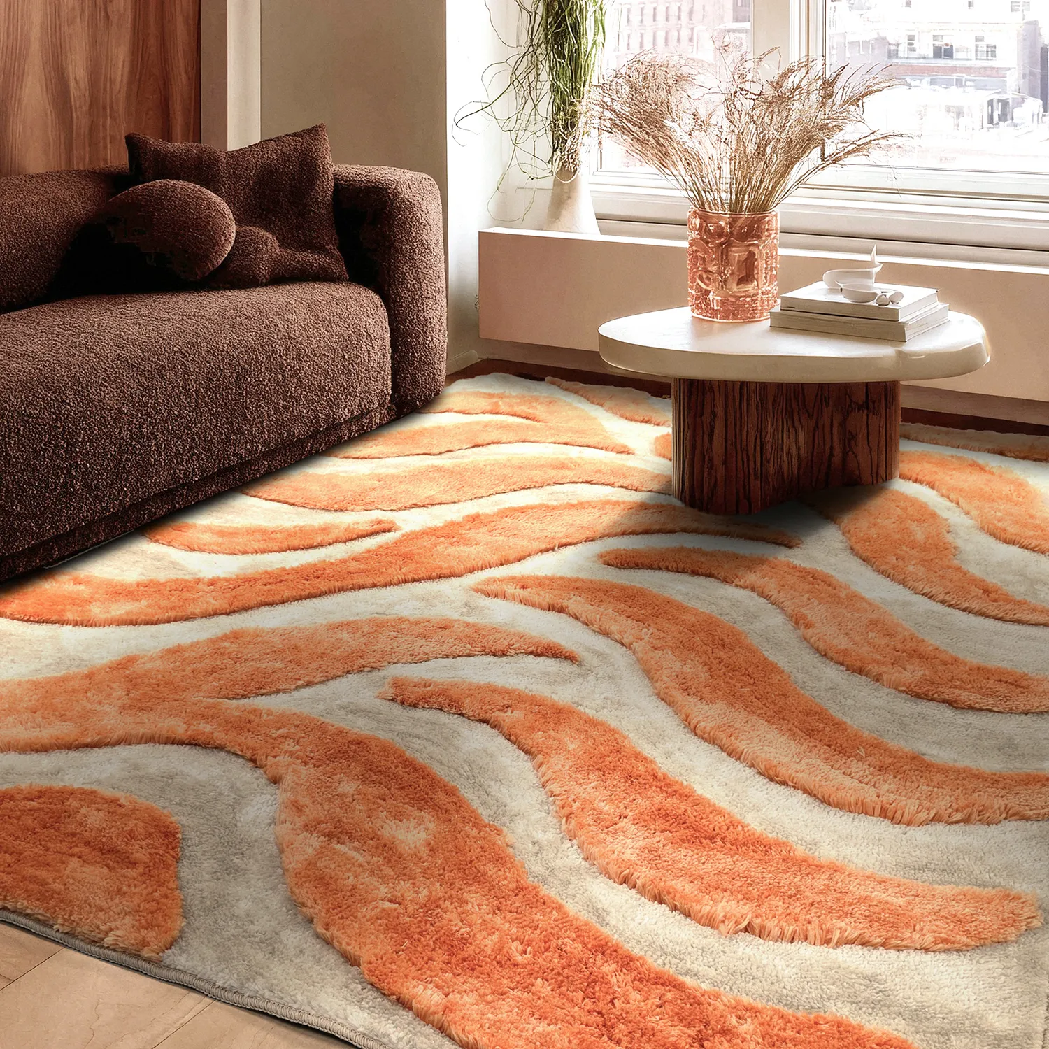 Hoogpolig vloerkleed - Fergana (crème/oranje)
