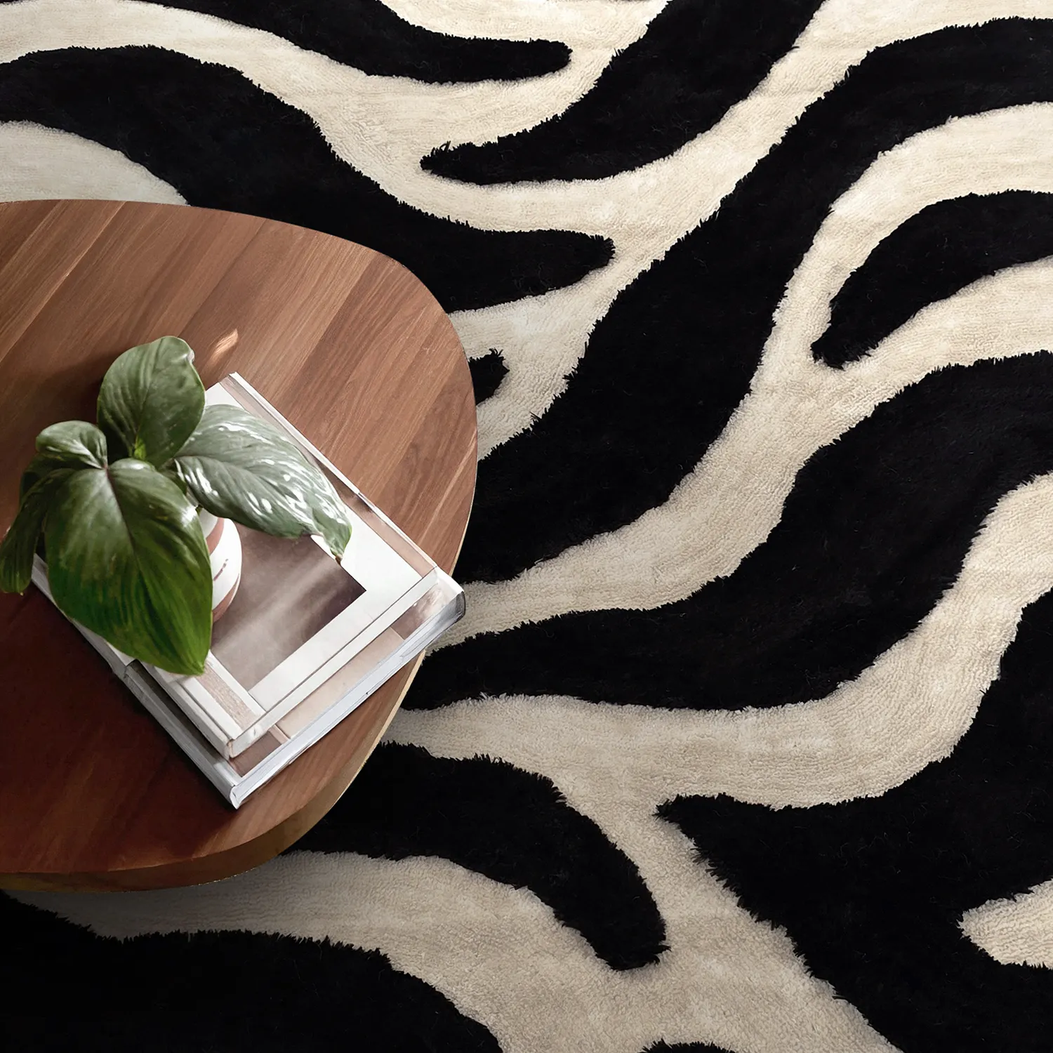 Hoogpolig vloerkleed - Fergana (crème/zwart)