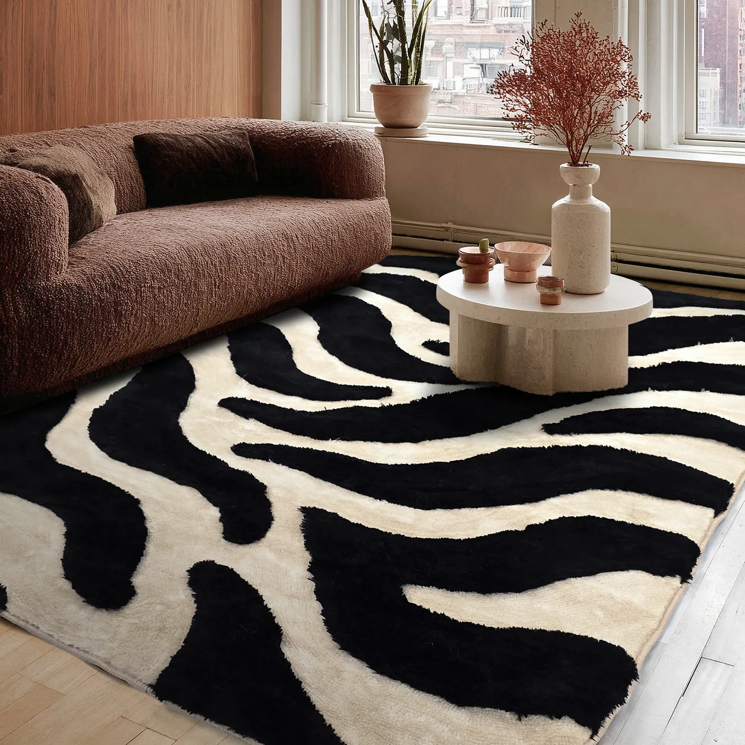 Hoogpolig vloerkleed - Fergana (crème/zwart)