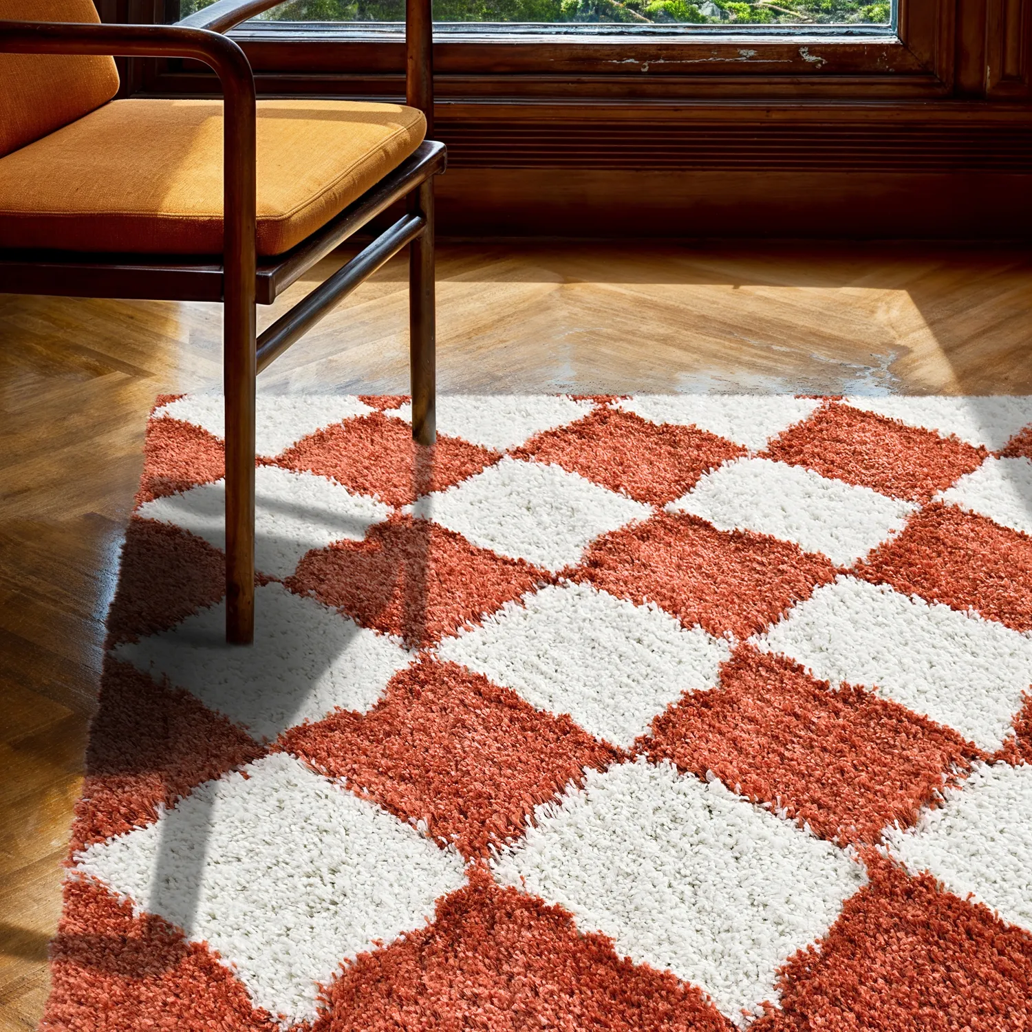 Hoogpolig vloerkleed - Albi (wit/oranje)