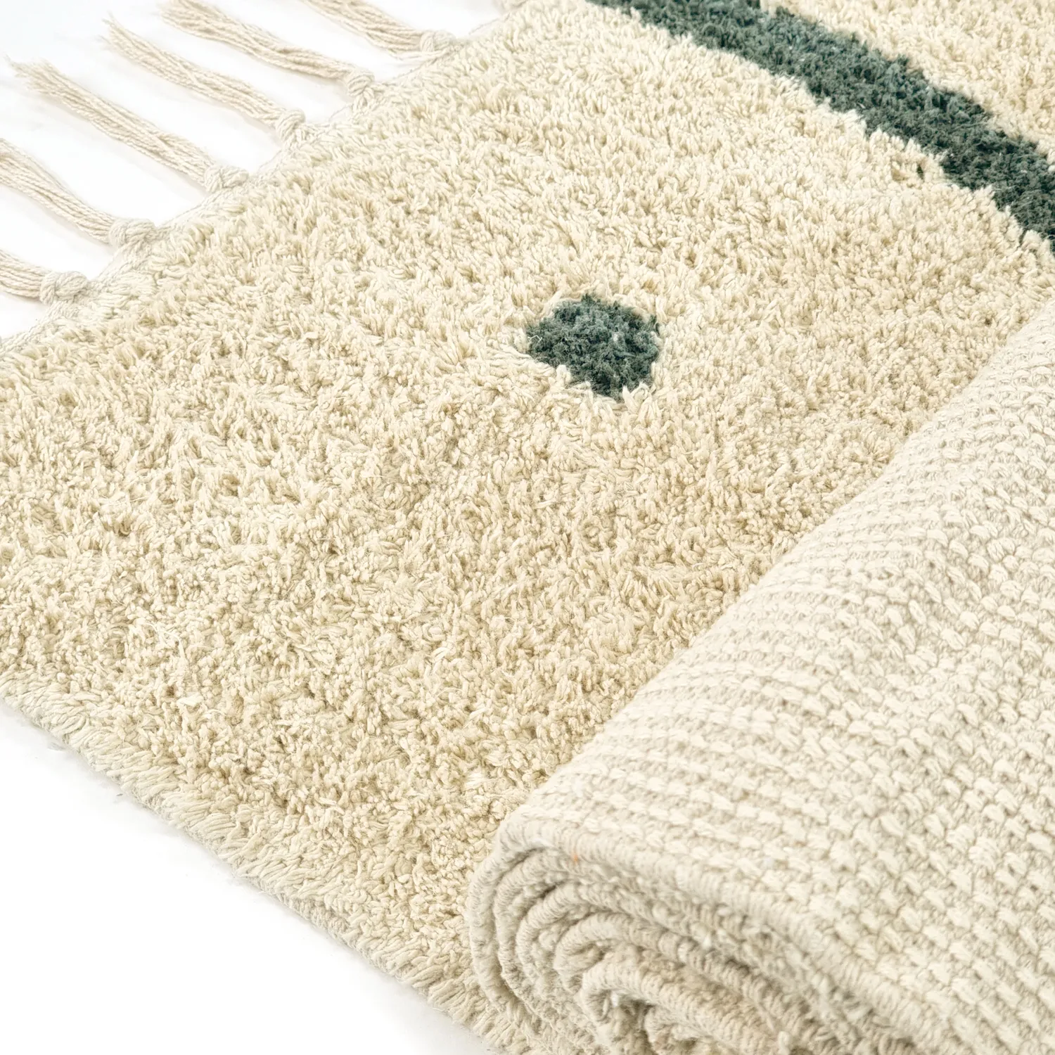 Hoogpolig vloerkleed - Leora Natural Cotton Shaggy (beige/groen)