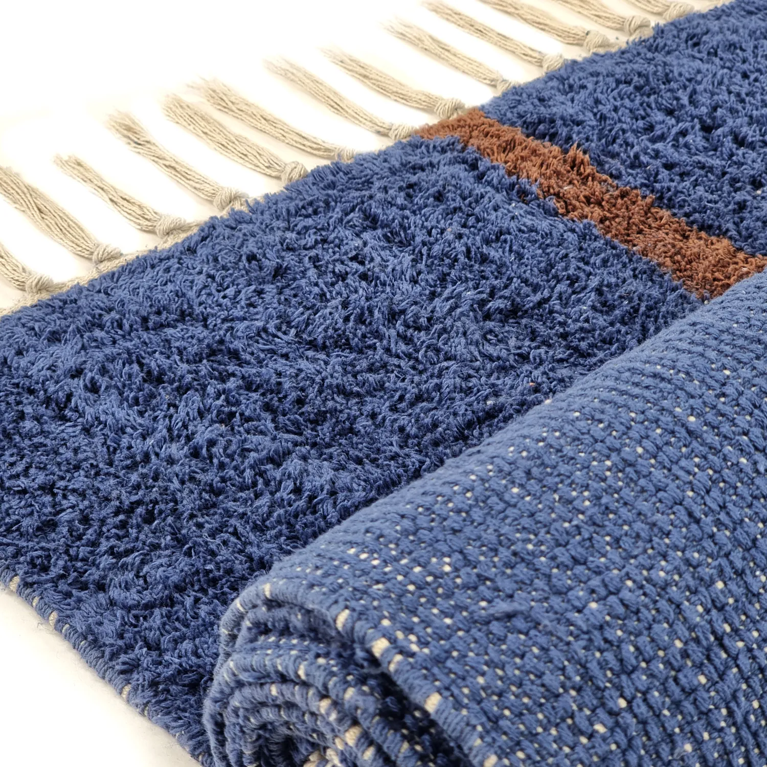 Hoogpolig vloerkleed - Leora Natural Cotton Shaggy (blauw/bruin)