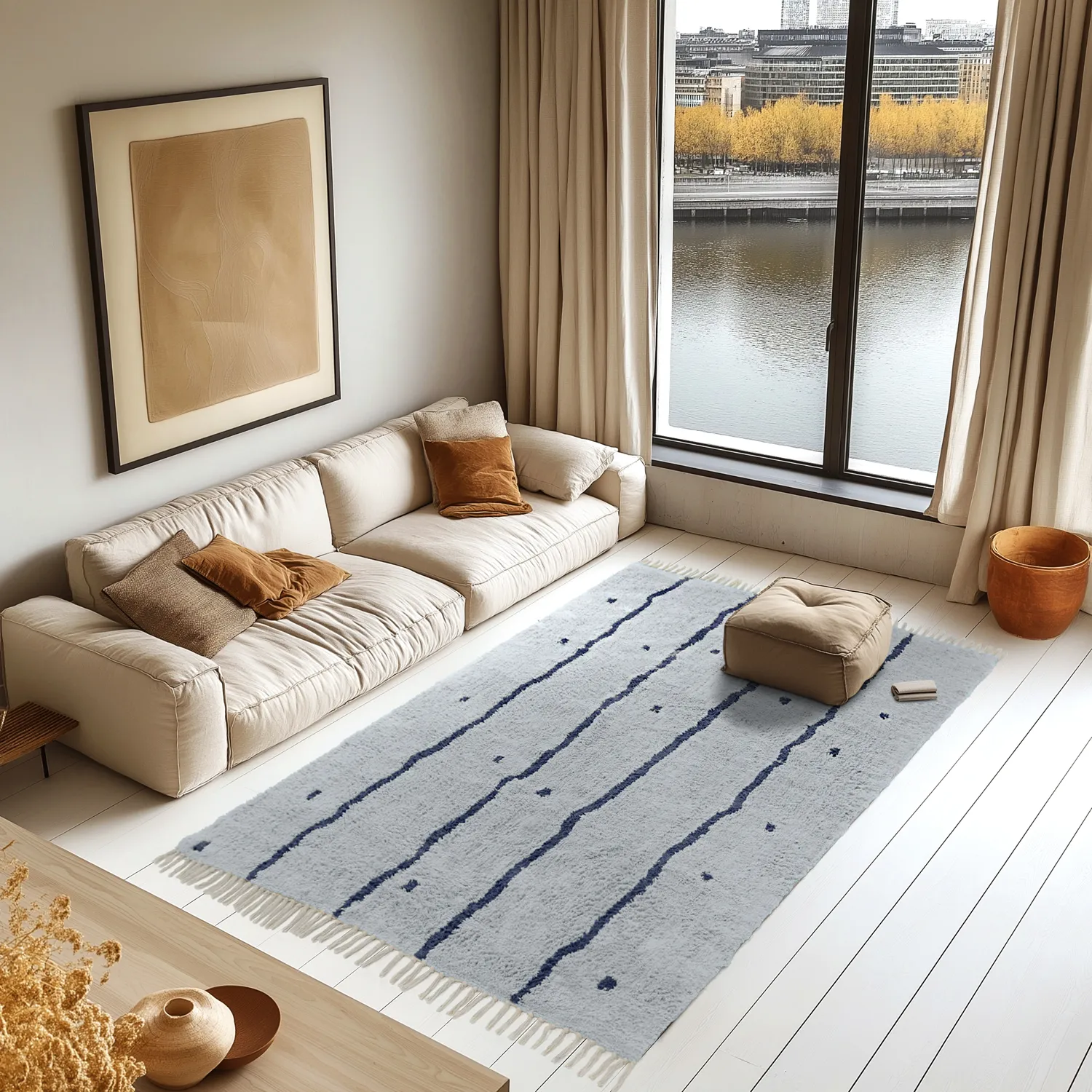 Hoogpolig vloerkleed - Leora Natural Cotton Shaggy (grijs/blauw)