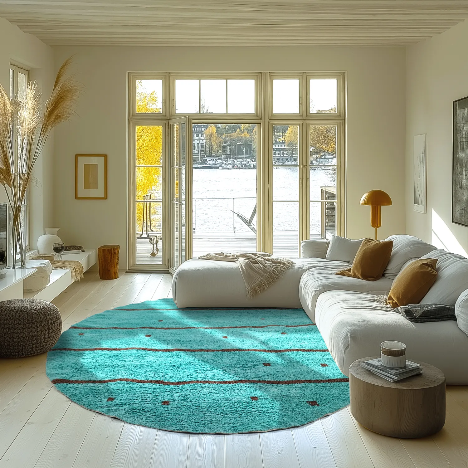 Rond vloerkleed - Leora Natural Cotton Shaggy (turkoois/bruin)