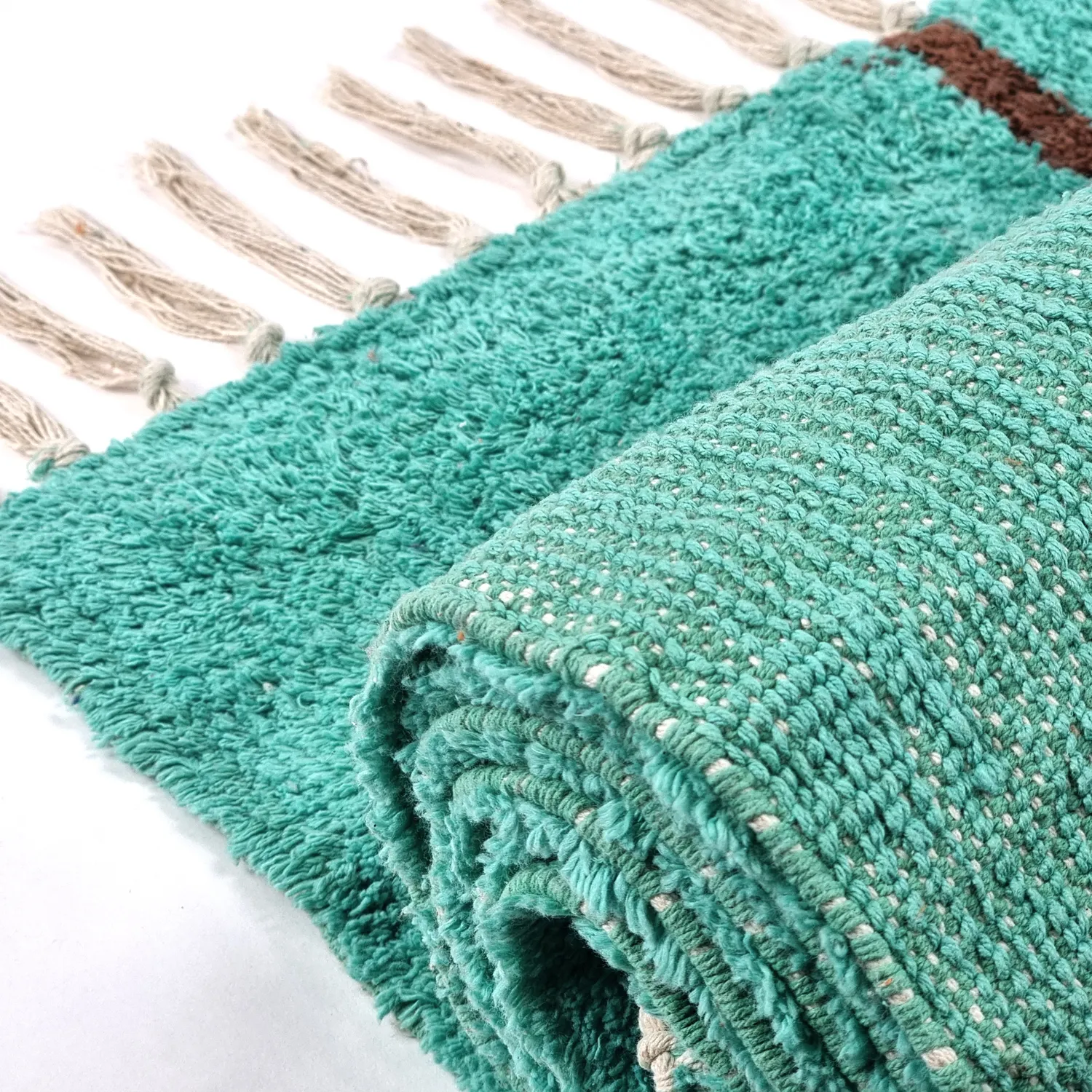 Hoogpolig vloerkleed - Leora Natural Cotton Shaggy (turkoois/bruin)