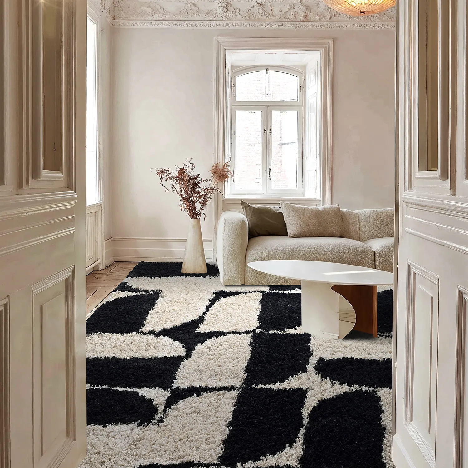 Hoogpolig vloerkleed - Marvao Natural Cotton Shaggy (off-white/zwart)