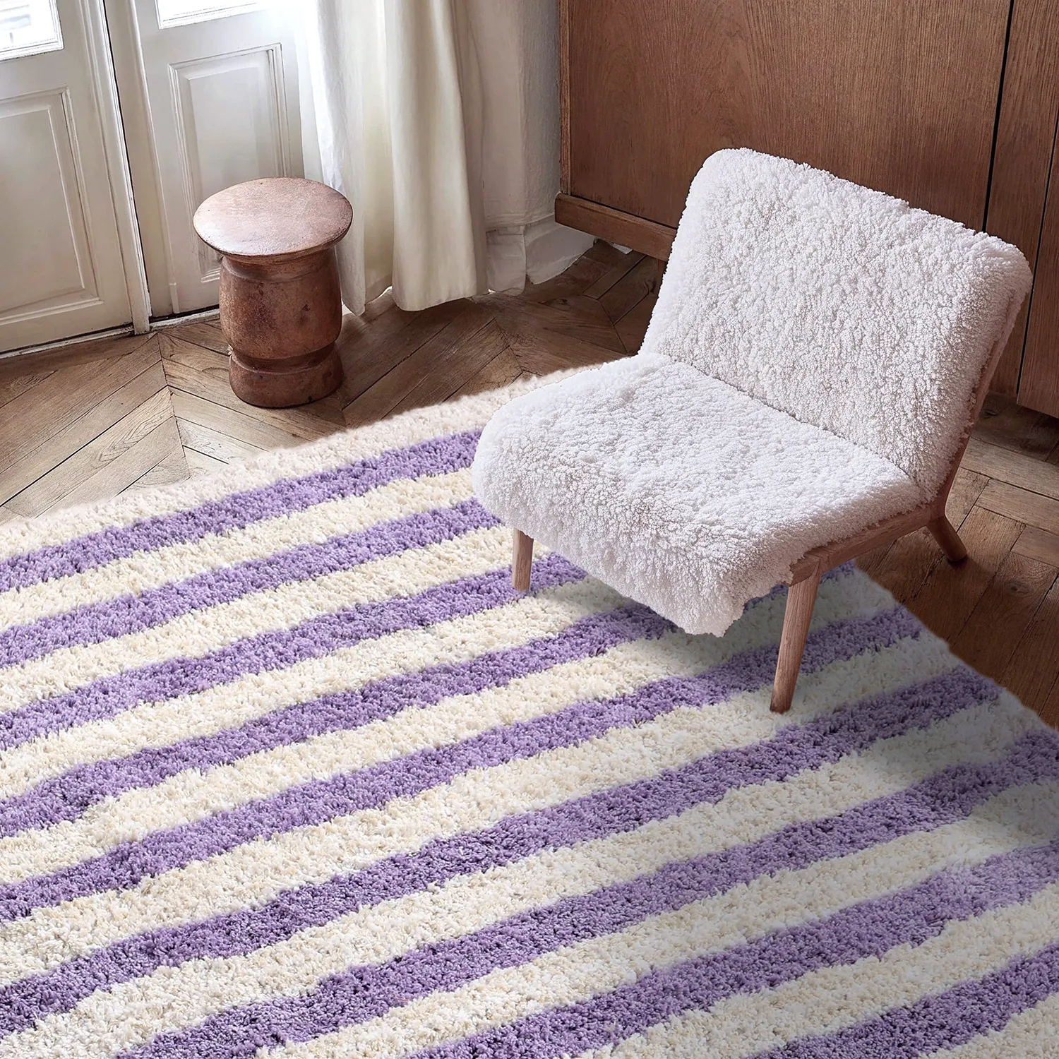 Hoogpolig vloerkleed - Thira Stripe Cotton Shaggy (room/licht paars)