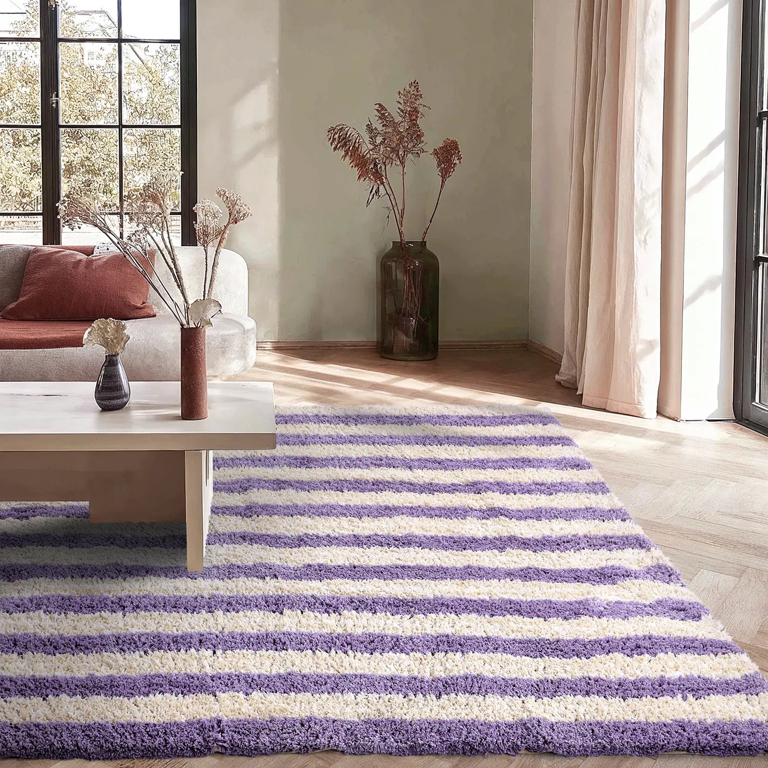 Hoogpolig vloerkleed - Thira Stripe Cotton Shaggy (room/licht paars)