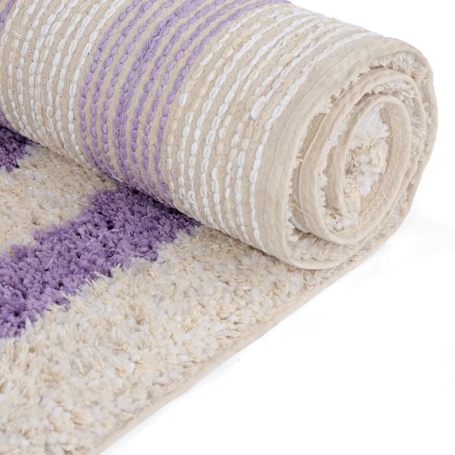 Hoogpolig vloerkleed - Thira Stripe Cotton Shaggy (room/licht paars)