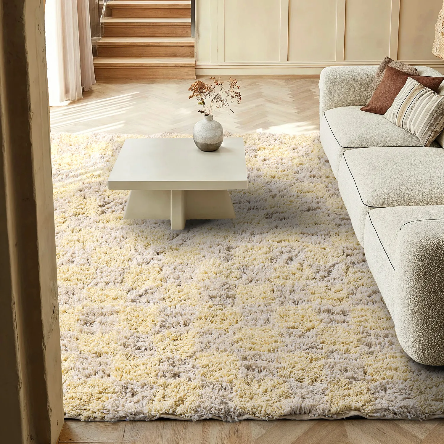 Hoogpolig vloerkleed - Methoni Check Cotton Shaggy (crème/lichtgeel)