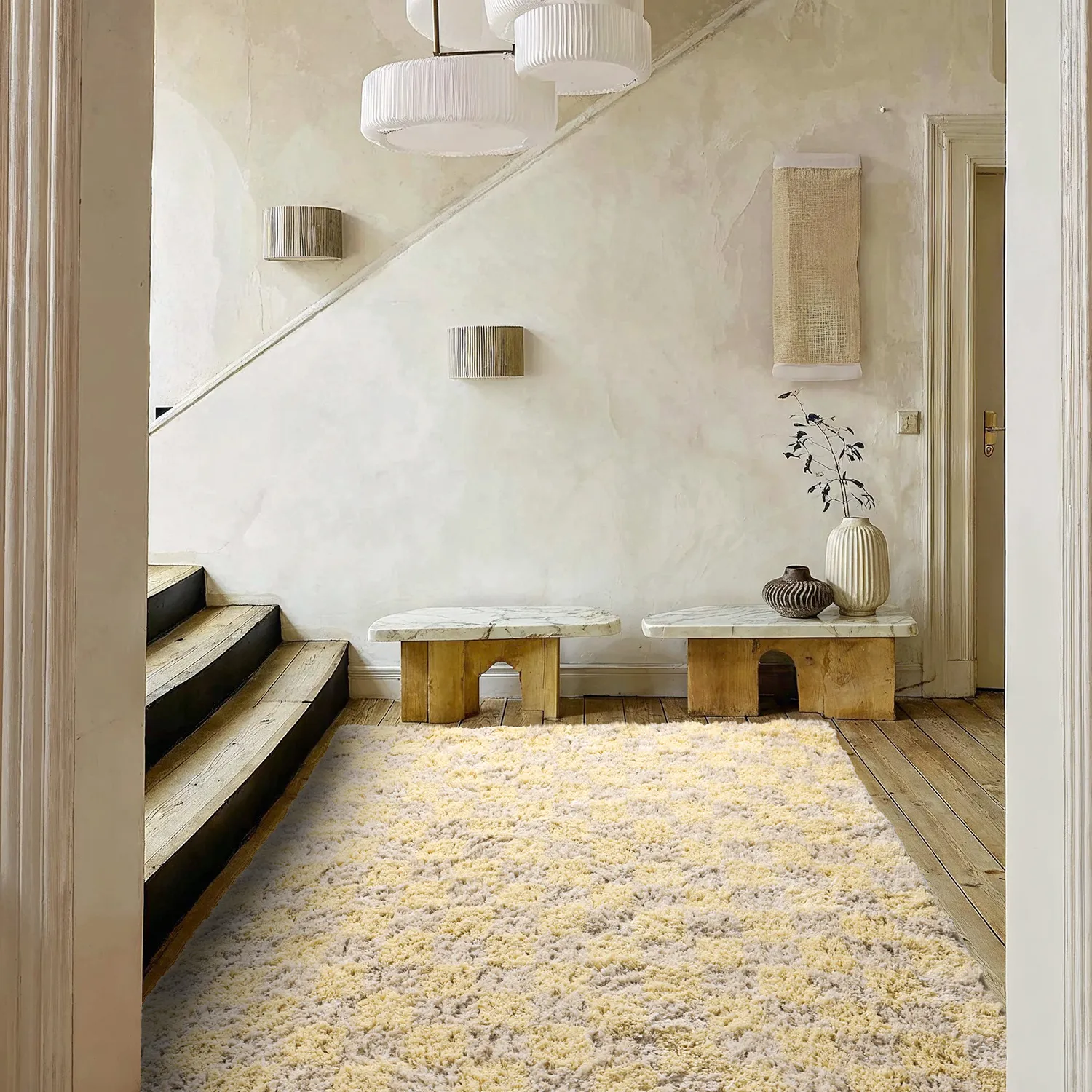 Hoogpolig vloerkleed - Methoni Check Cotton Shaggy (crème/lichtgeel)