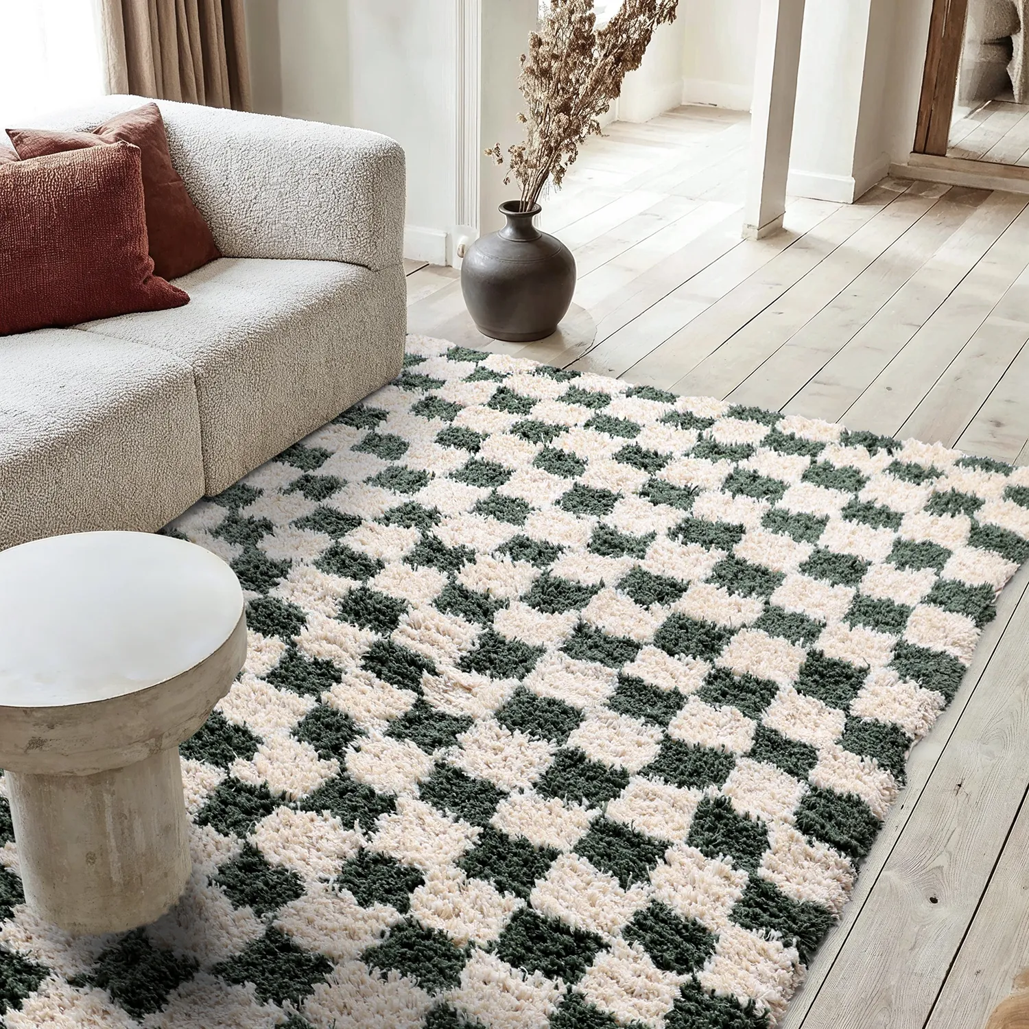 Hoogpolig vloerkleed - Methoni Check Cotton Shaggy (crème/groente)