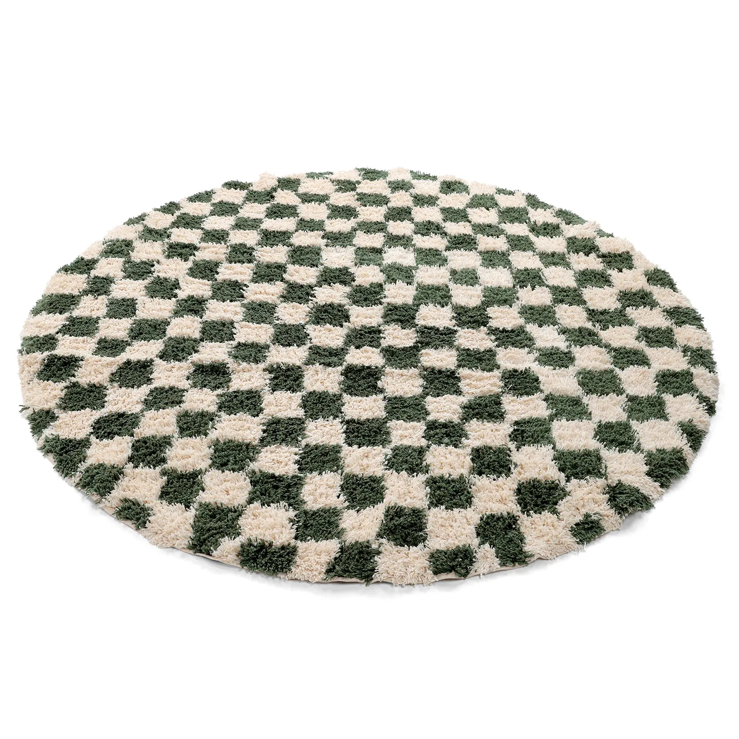 Rond vloerkleed - Methoni Check Cotton Shaggy (crème/groente)