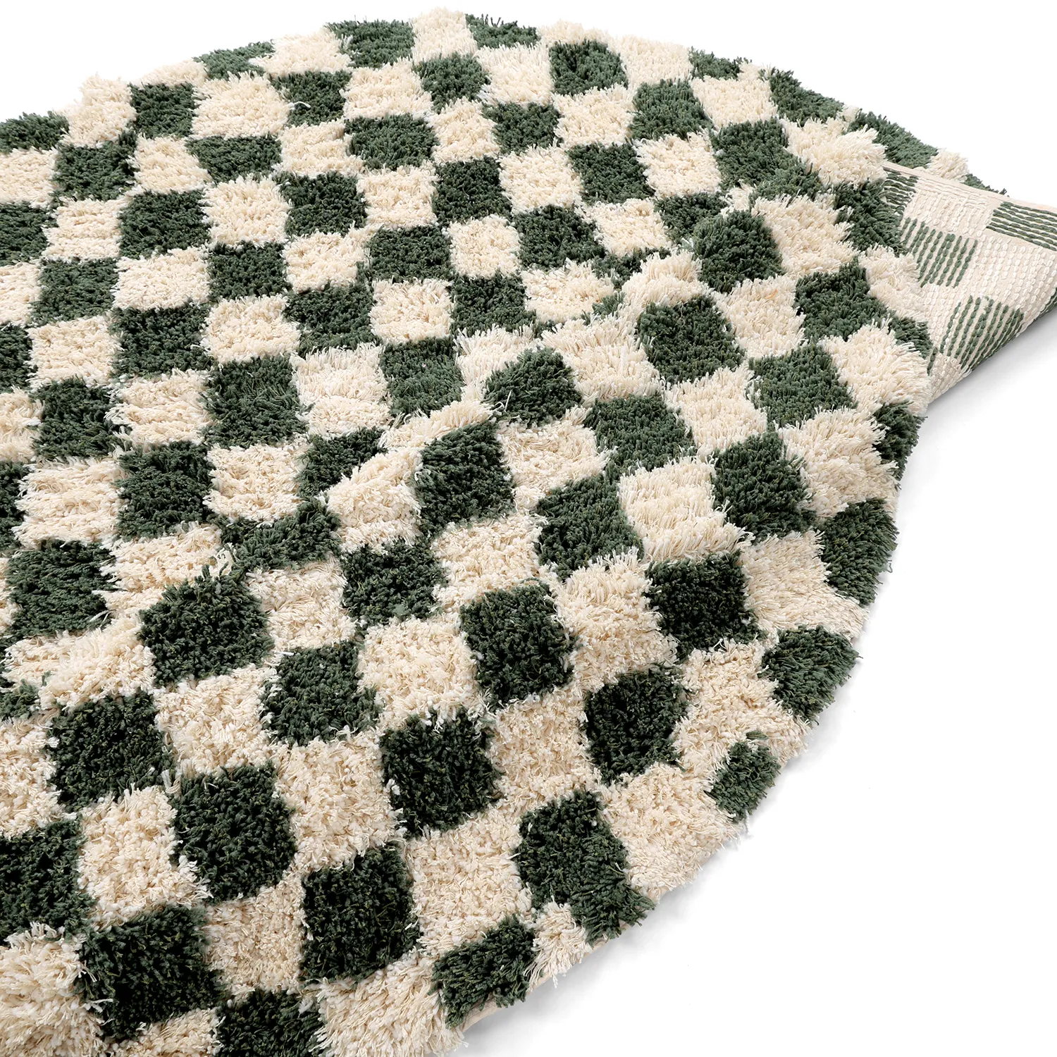 Rond vloerkleed - Methoni Check Cotton Shaggy (crème/groente)