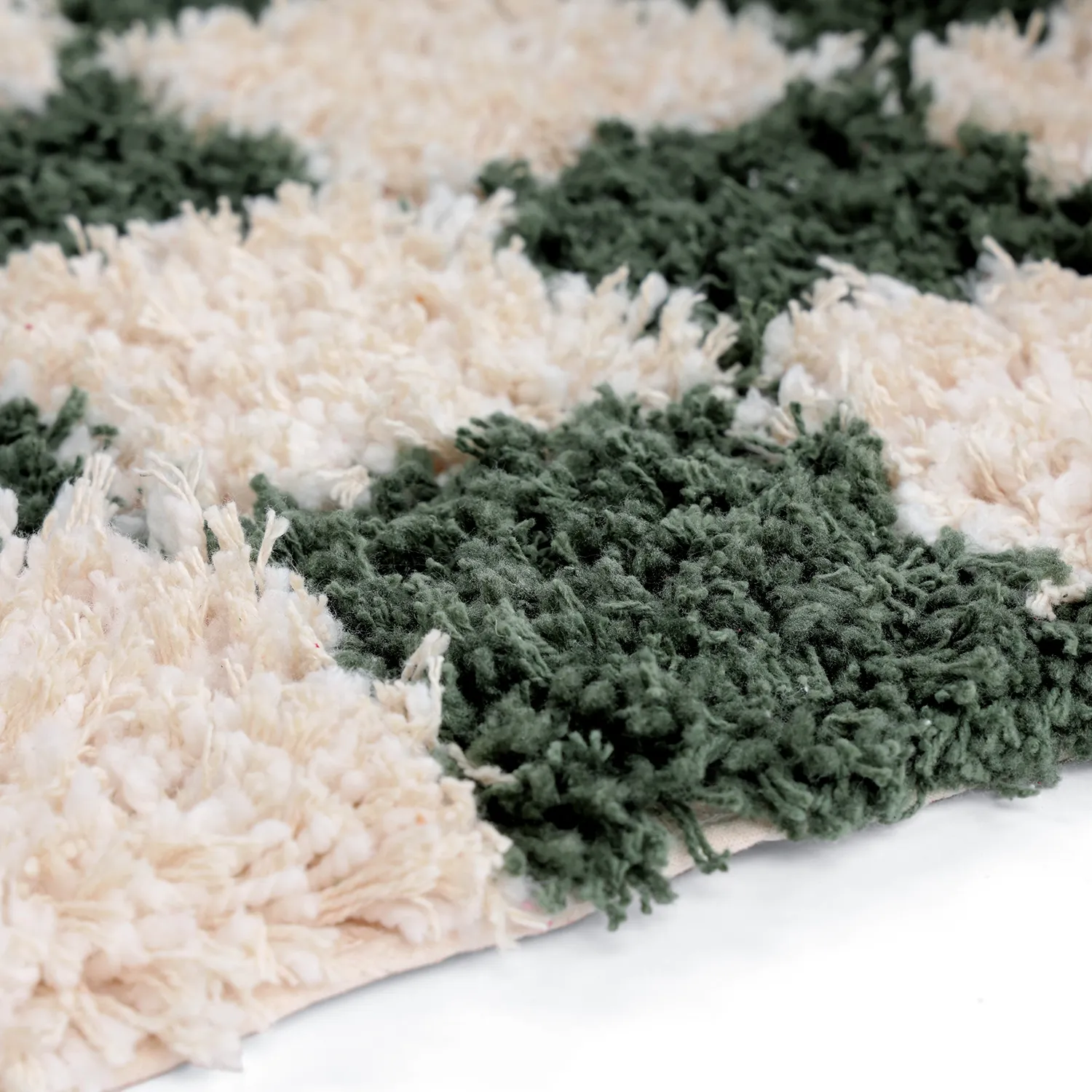 Hoogpolig vloerkleed - Methoni Check Cotton Shaggy (crème/groente)